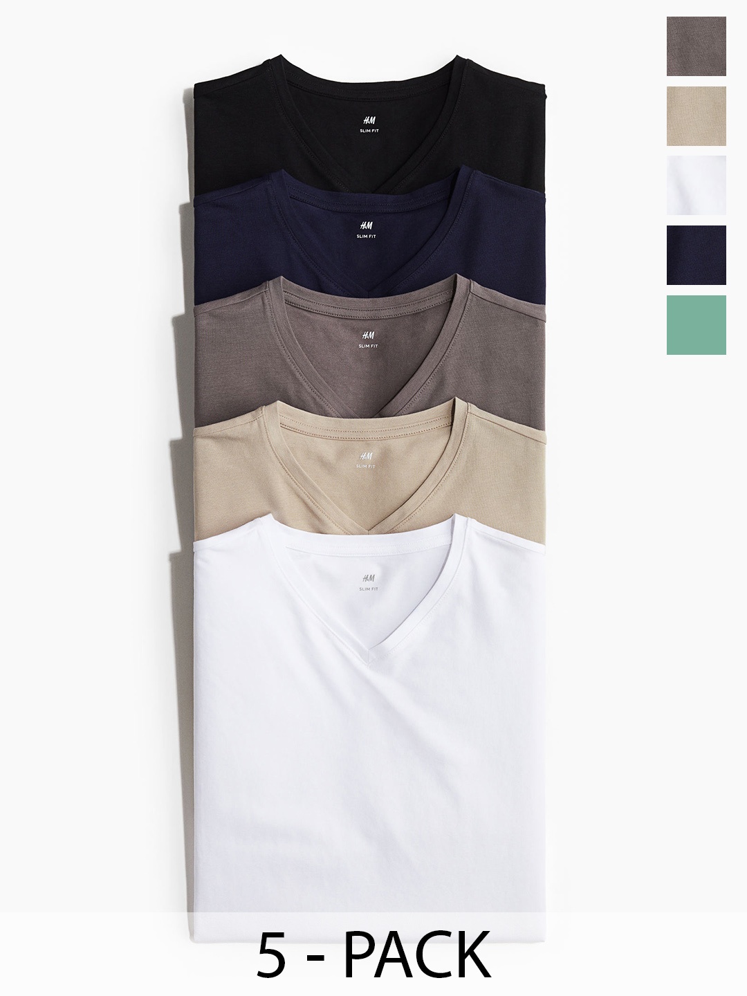 

H&M Pack of 5 V-Neck Tshirts, Beige
