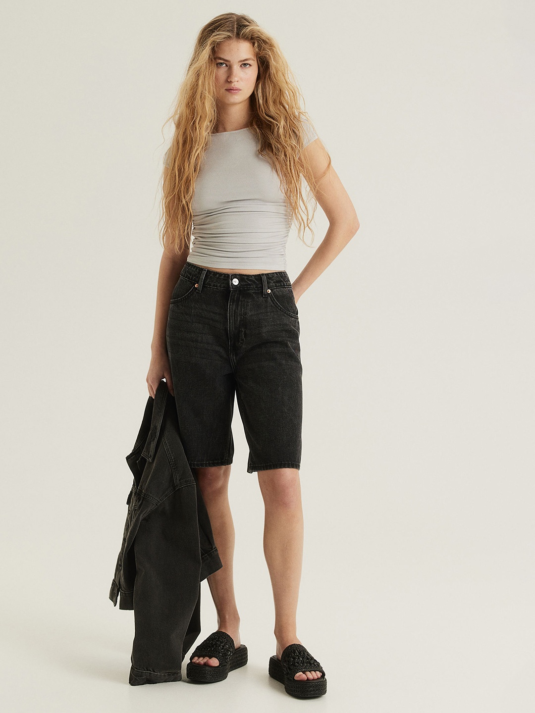 

H&M Gathered Cap-Sleeved Top, Grey