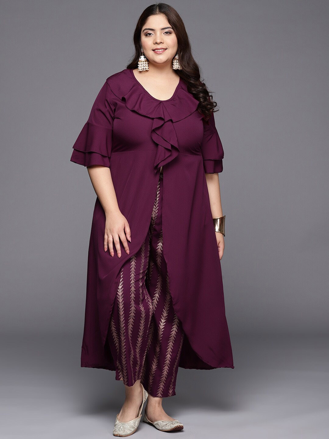 

A PLUS BY AHALYAA Plus Size V-Neck Tunic With Trousers, Burgundy