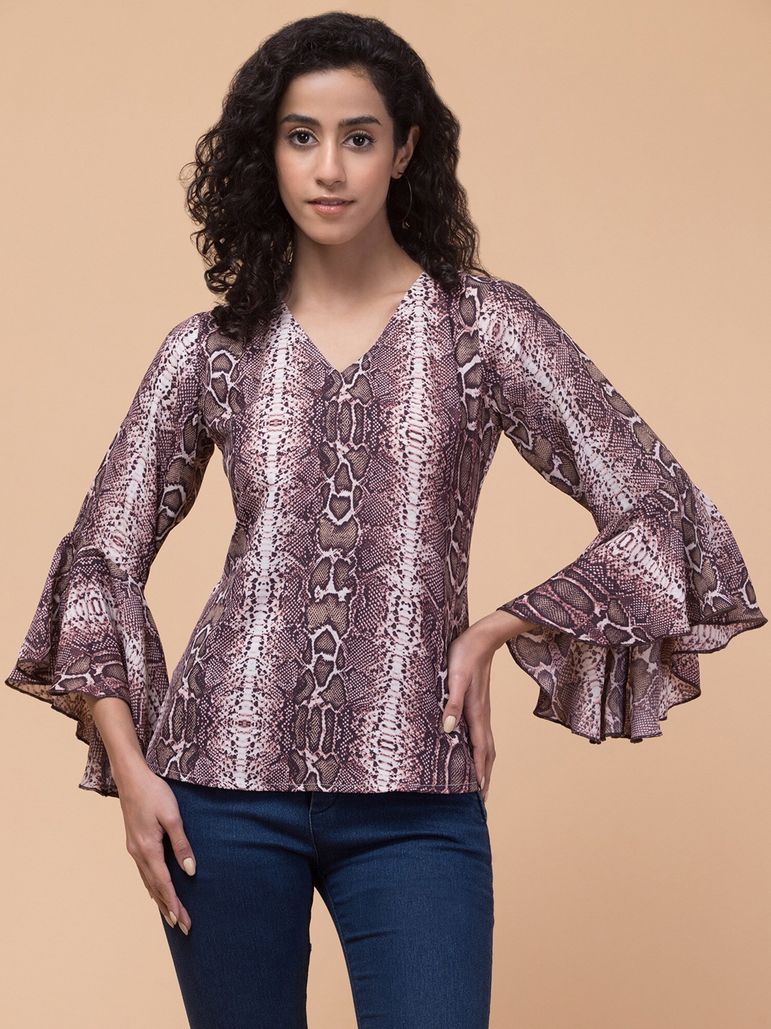 

Hive91 Animal Printed V-Neck Flared Sleeves Crepe Casual Top, Brown