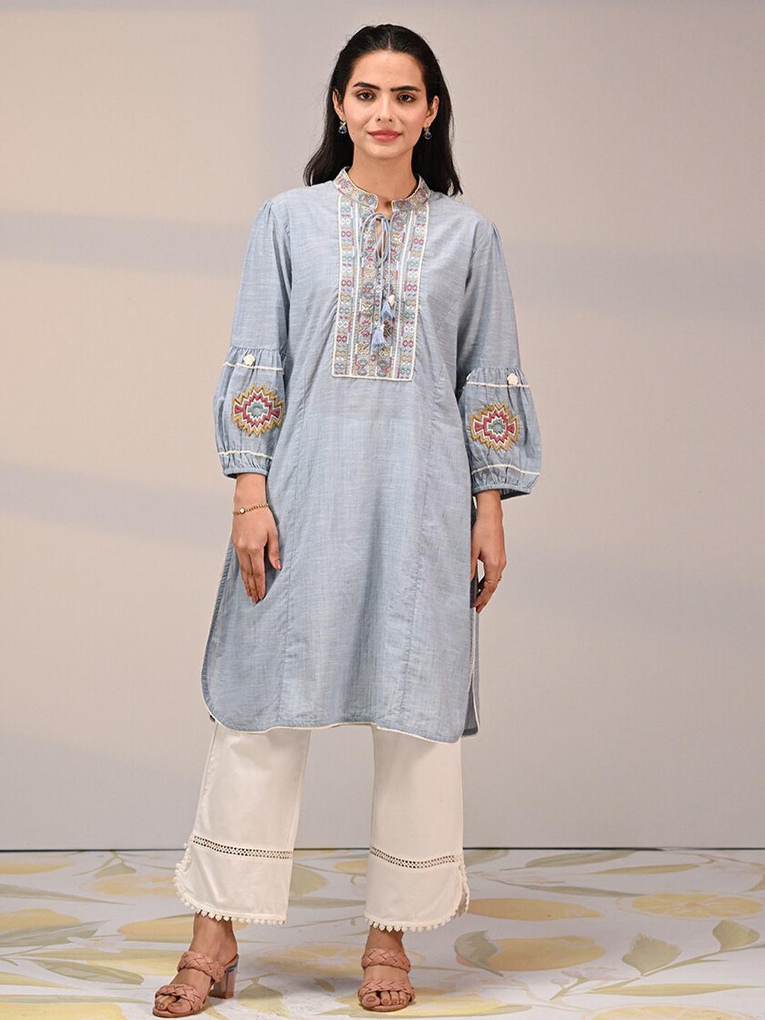 

Lakshita Floral Embroidered Tie-Up Neck Denim Straight Kurta, Blue