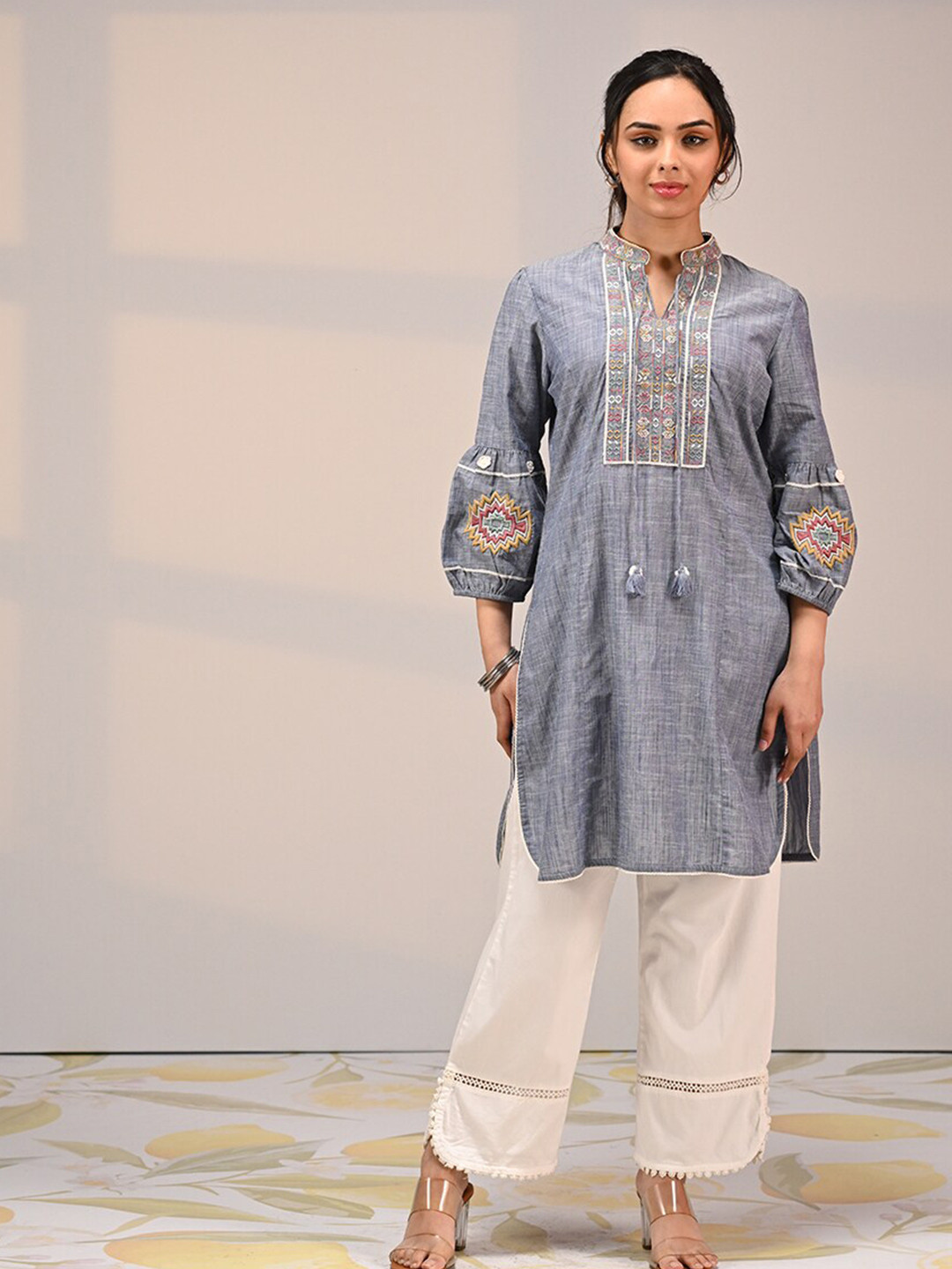 

Lakshita Floral Embroidered Mandarin Collar Denim Straight Kurta, Blue