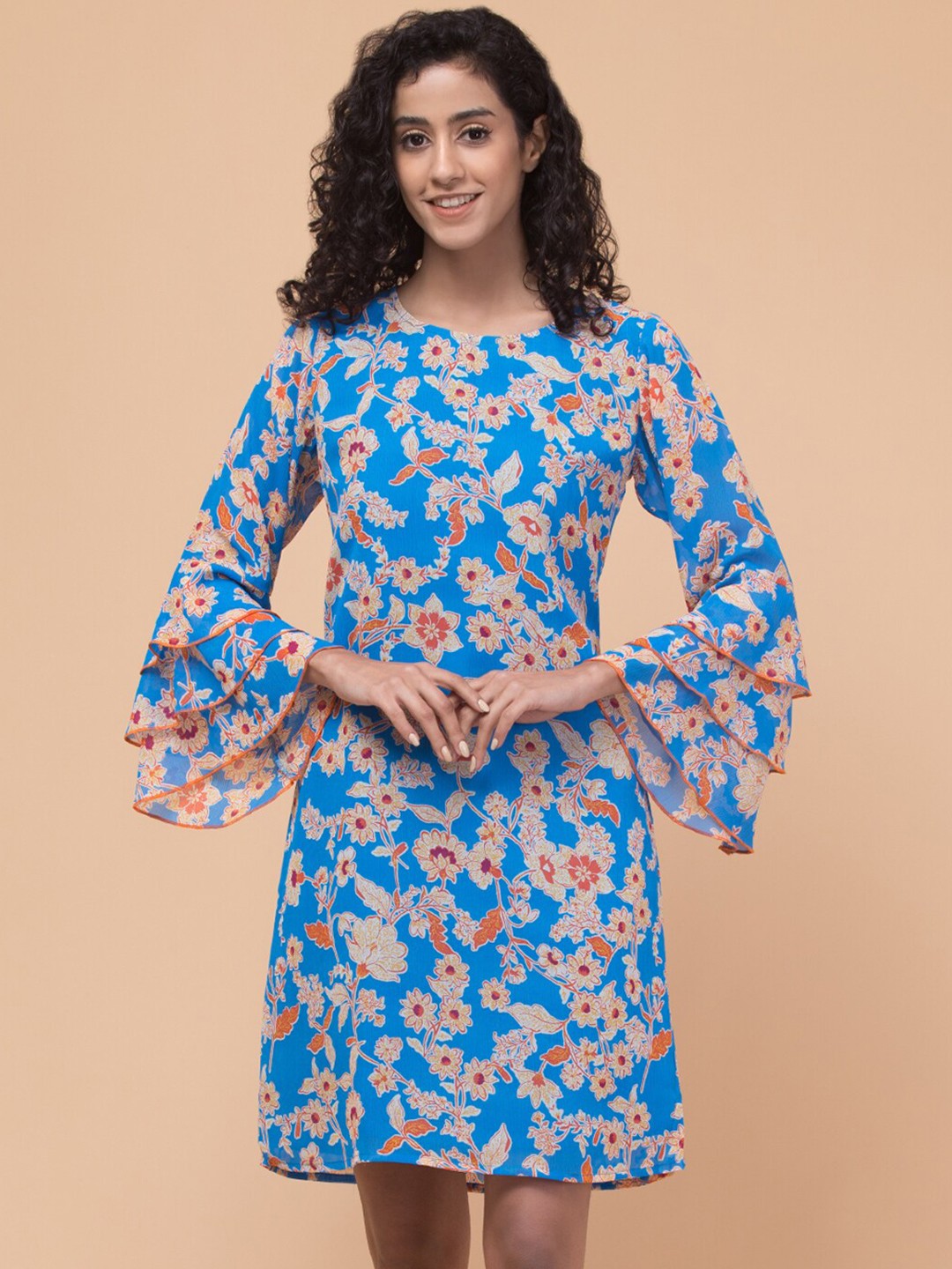 

Hive91 Floral Printed Bell Sleeves Georgette Fit & Flare Dress, Blue
