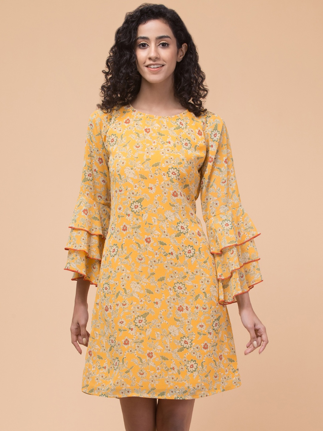 

Hive91 Floral Printed Bell Sleeves Georgette Fit & Flare Dress, Mustard