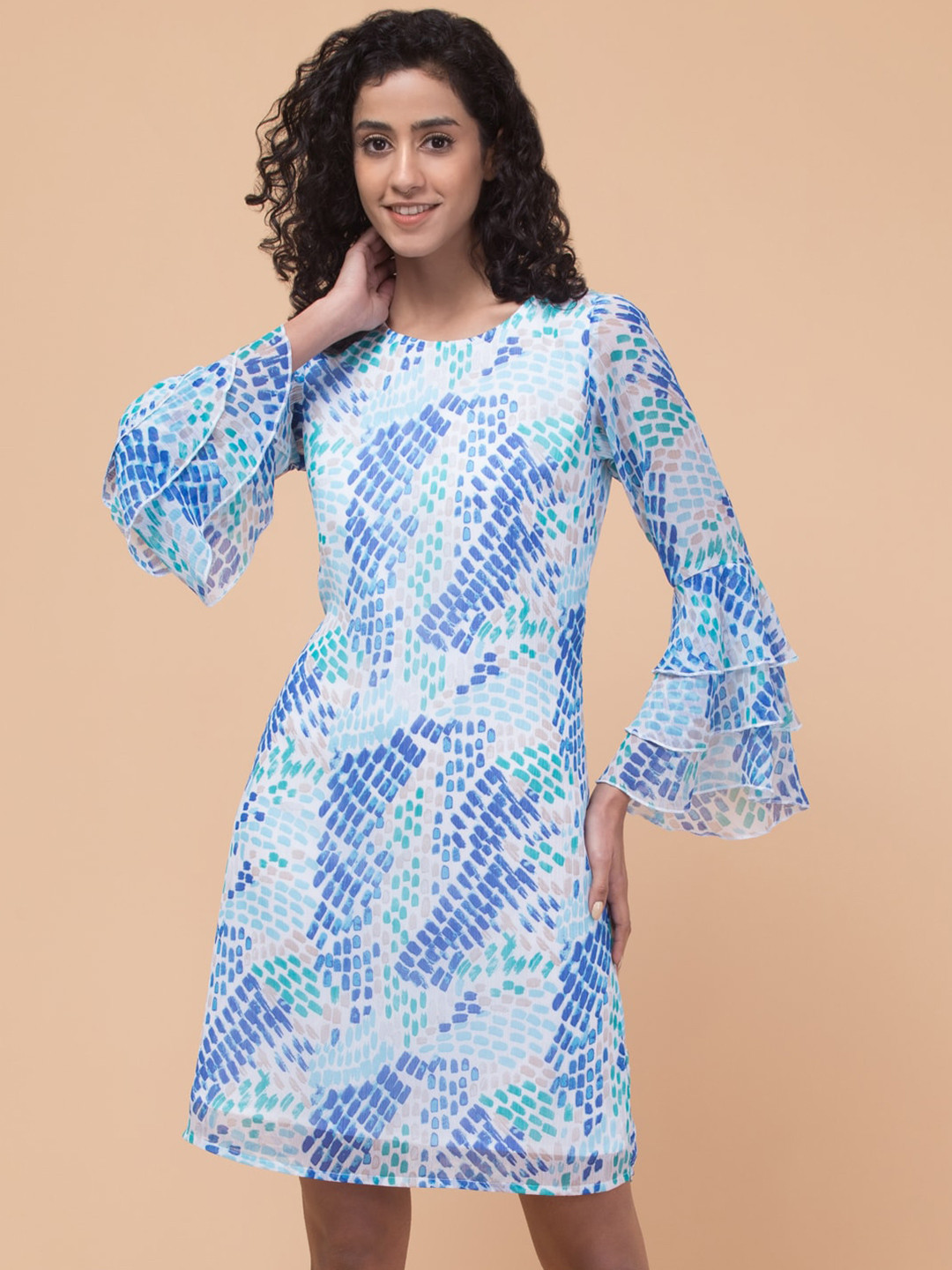 

Hive91 Floral Printed Bell Sleeves Georgette A-Line Dress, Blue