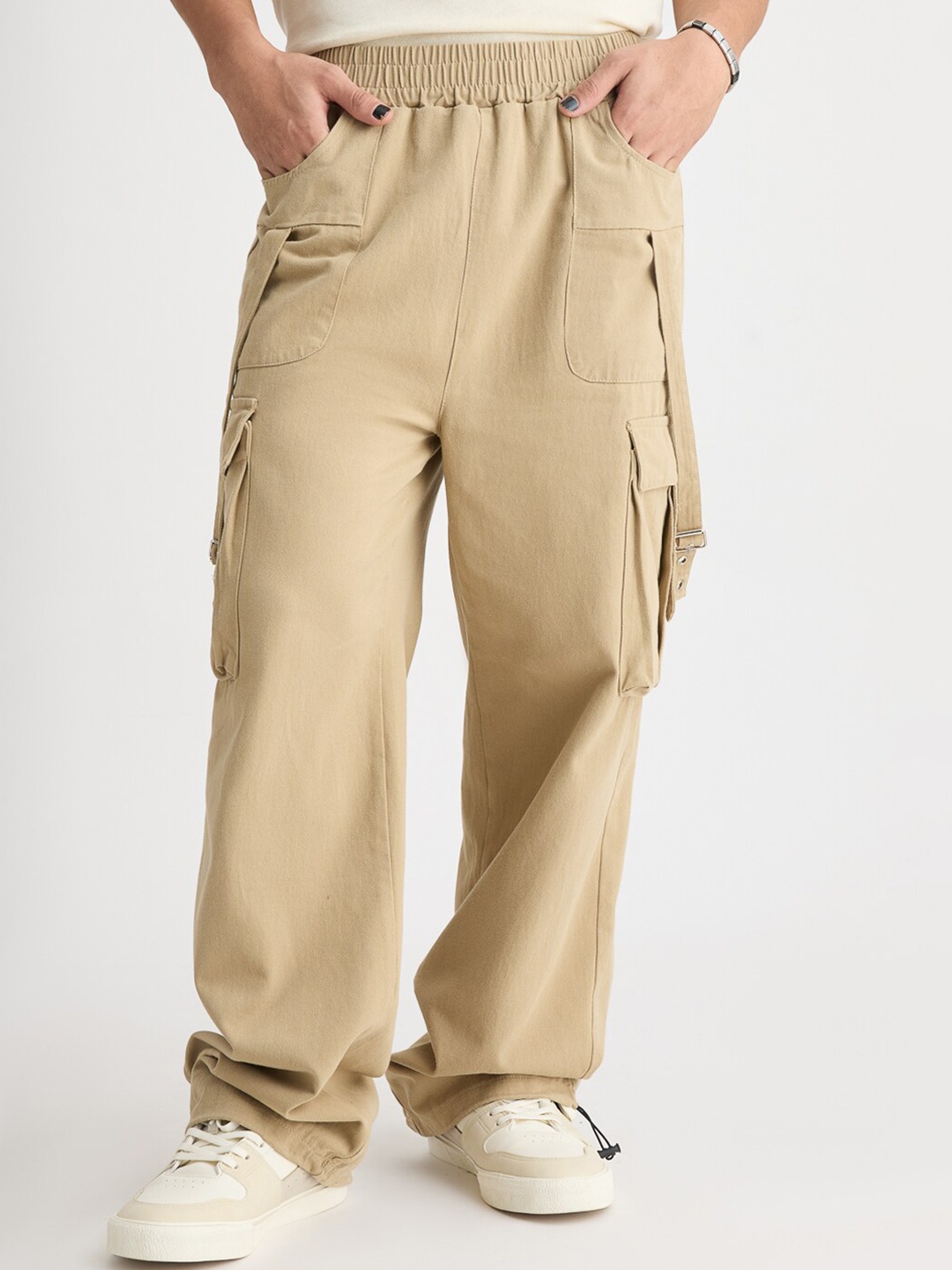 

FREAKINS Beige Men Relaxed Fit High-Rise Parachute Cargo Jeans