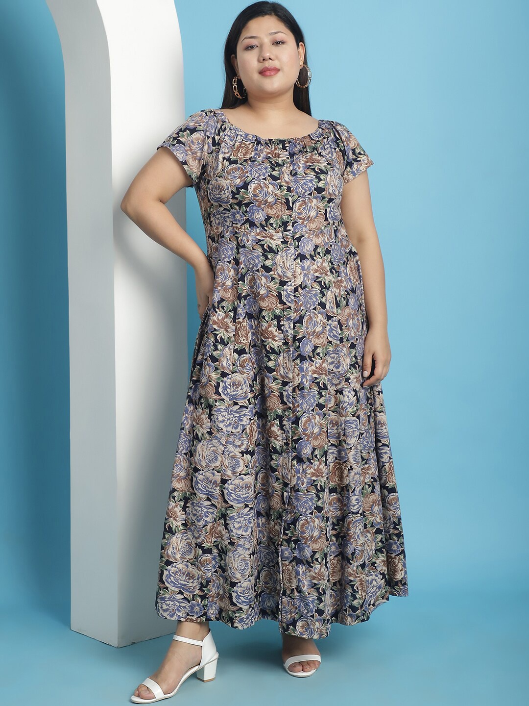

theRebelinme Plus Size Floral Printed A-Line Maxi Dress, Navy blue