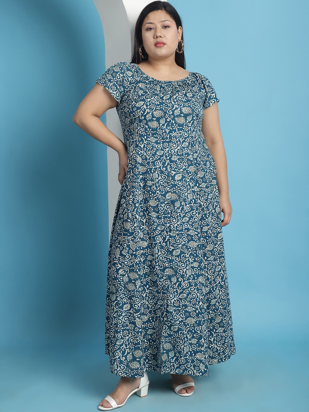 

theRebelinme Plus Size Floral Printed A-Line Maxi Dress, Teal