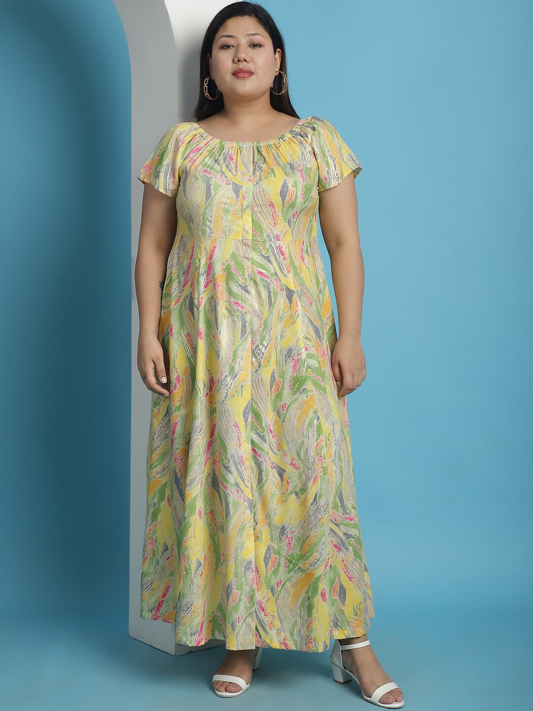 

theRebelinme Plus Size Abstract Printed A-Line Maxi Dress, Yellow