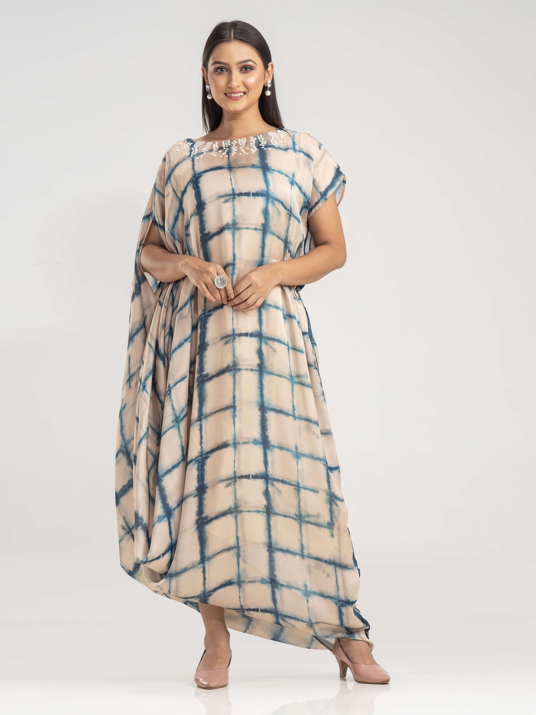 

SACRED SUTA Checked Western Maxi Dress, Blue