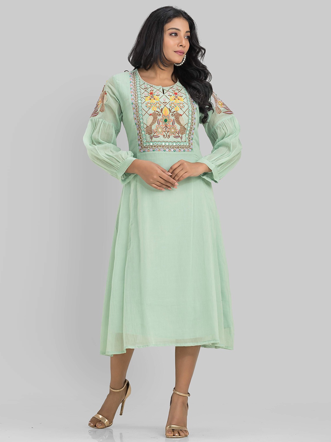 

SACRED SUTA Puff Sleeve Cotton Fit & Flare Midi Dress, Green