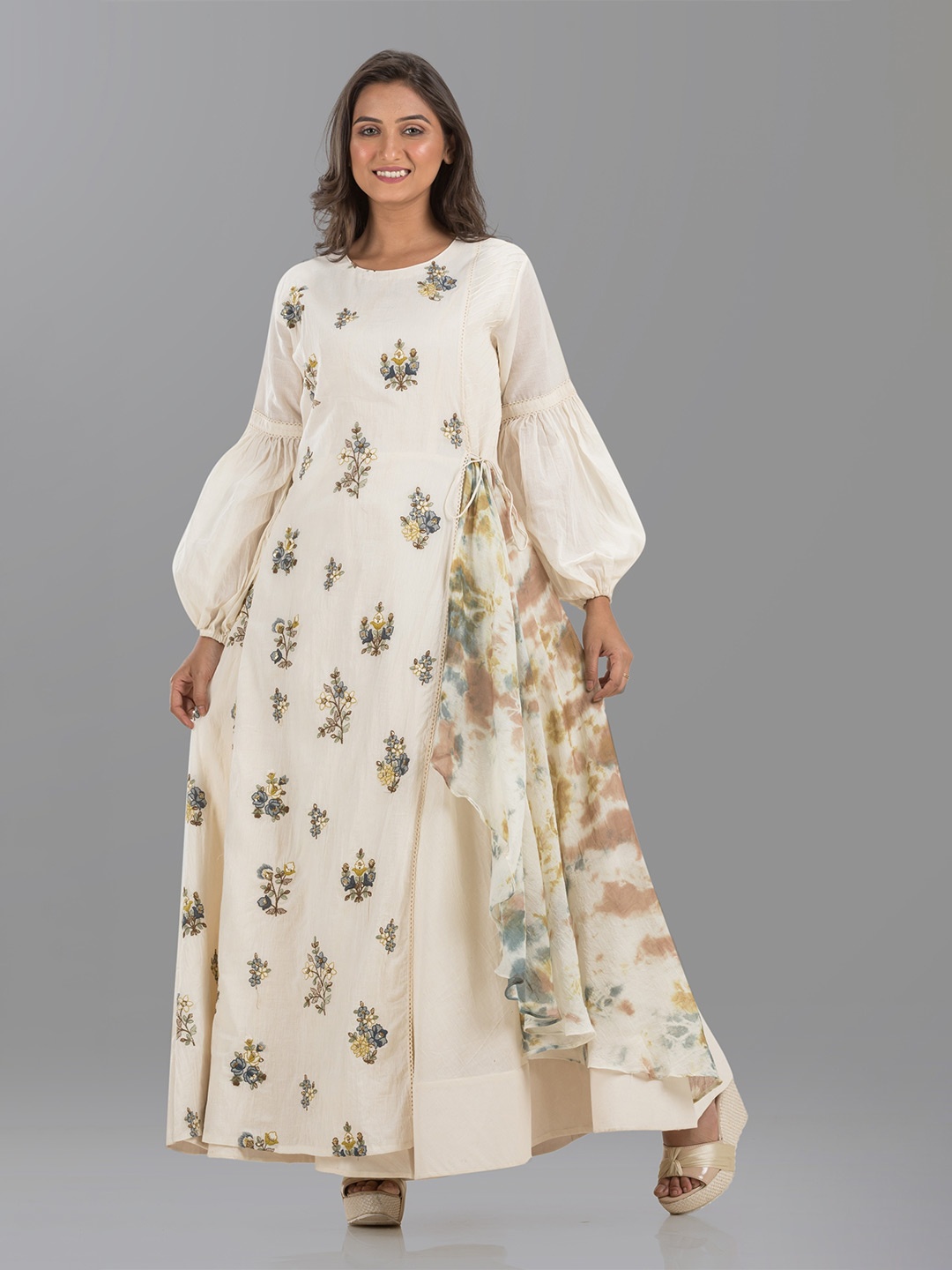 

SACRED SUTA Floral Printed Cotton Bell Sleeve Maxi Dress, Off white