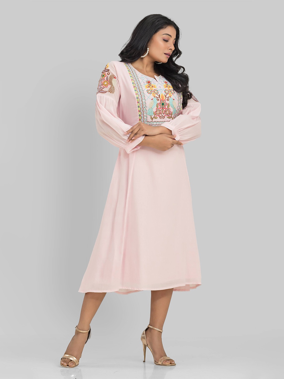

SACRED SUTA Puff Sleeve Cotton Fit & Flare Midi Dress, Pink