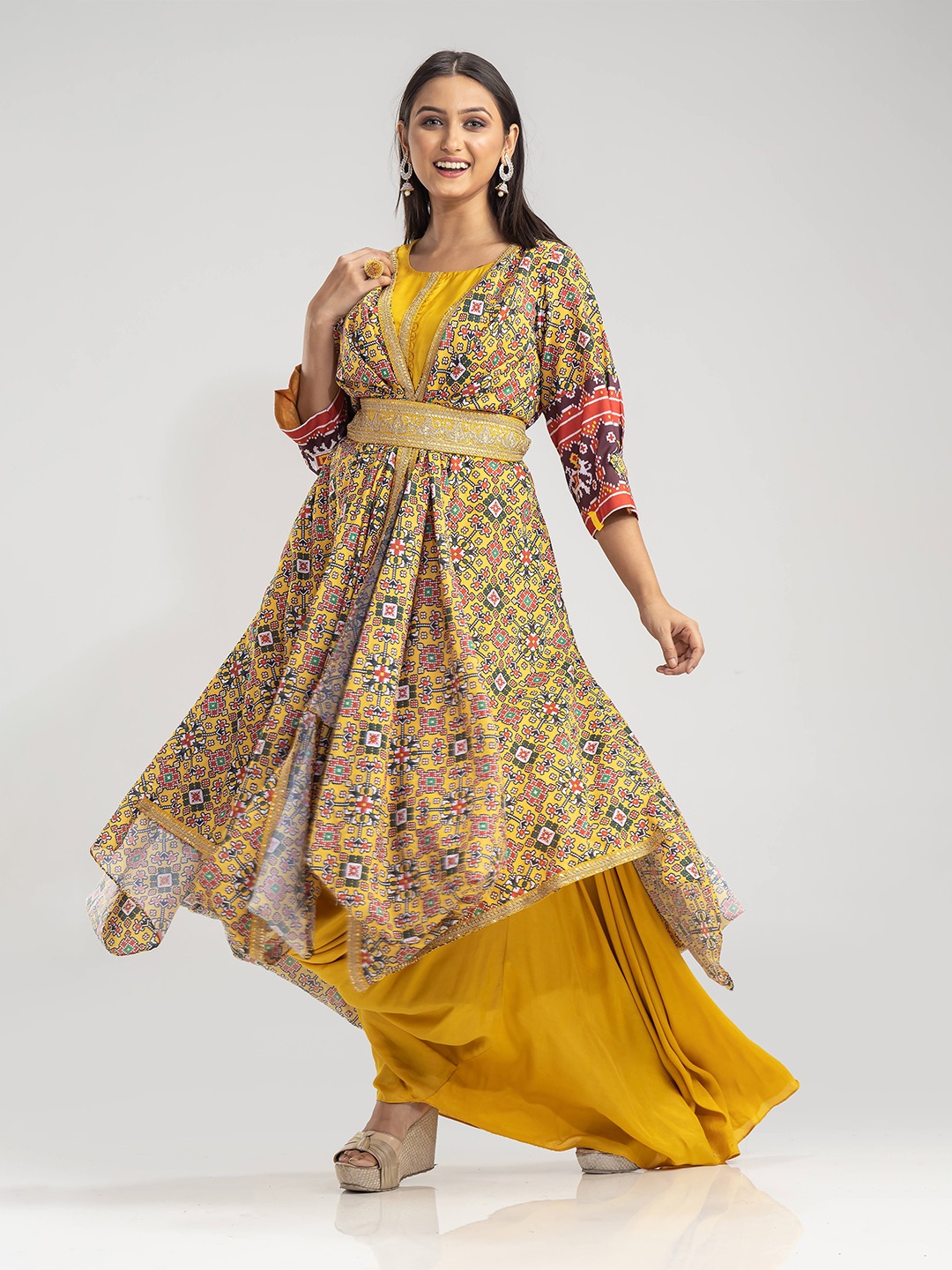 

SACRED SUTA Floral Printed Maxi Dress With Printed Jacket & Belt, Yellow