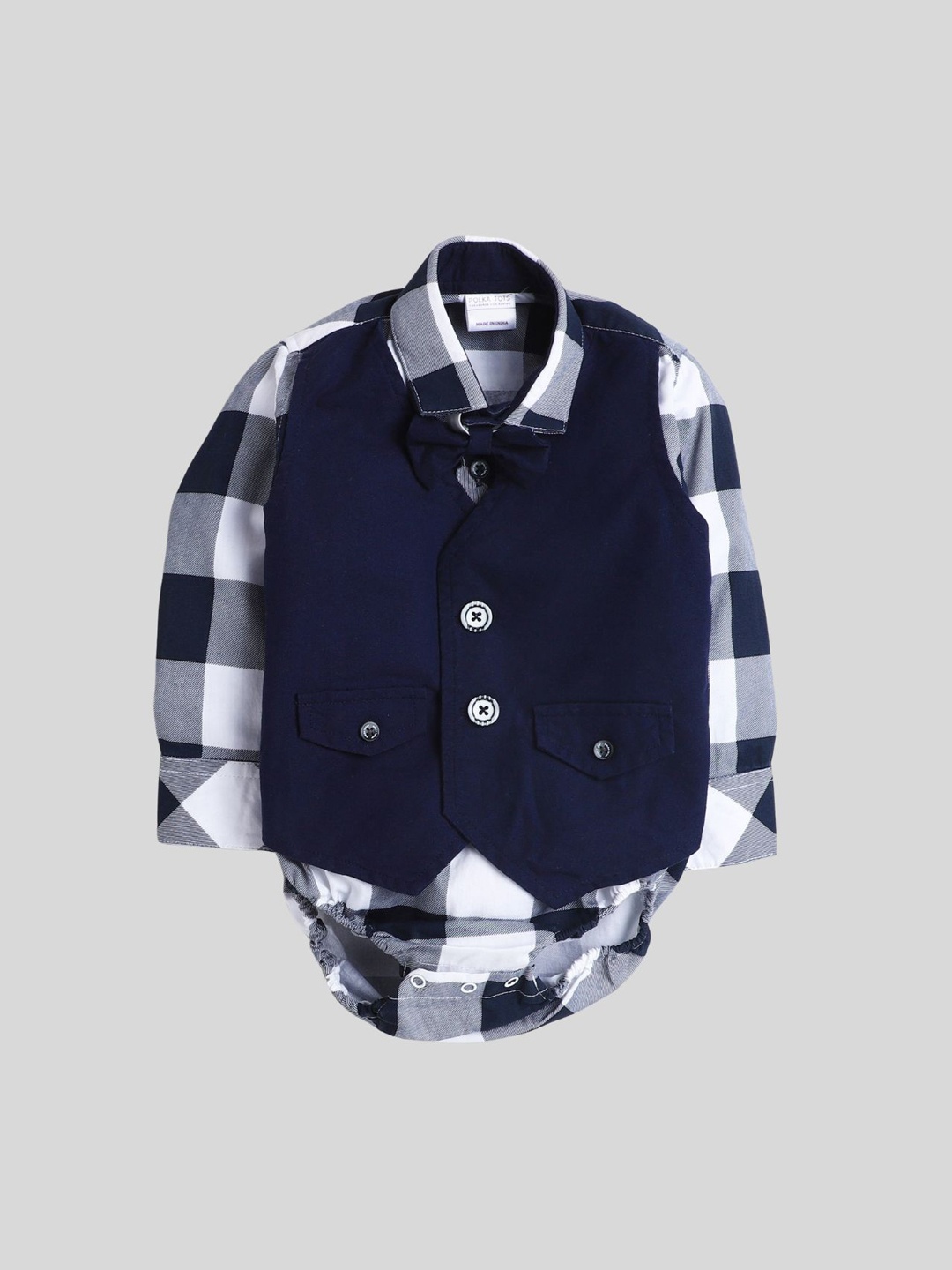 

Polka Tots Infants Checked Waistcoat Detail Cotton Bodysuit, White