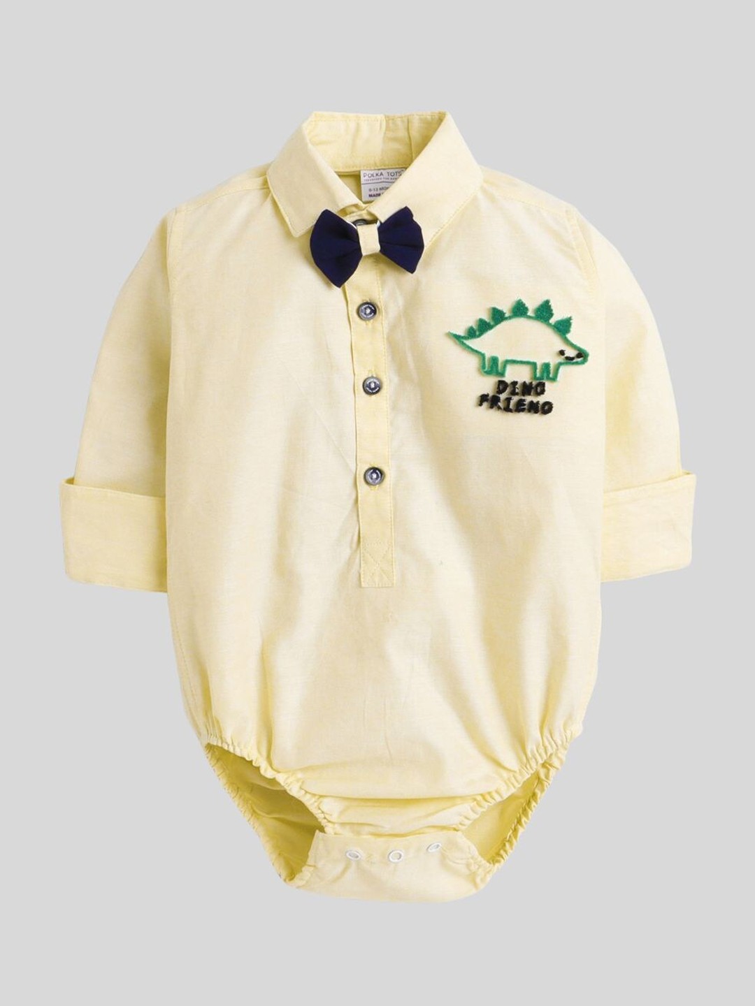 

Polka Tots Infants Printed Shirt Collar Cotton Bodysuit With Attached Bow, Yellow