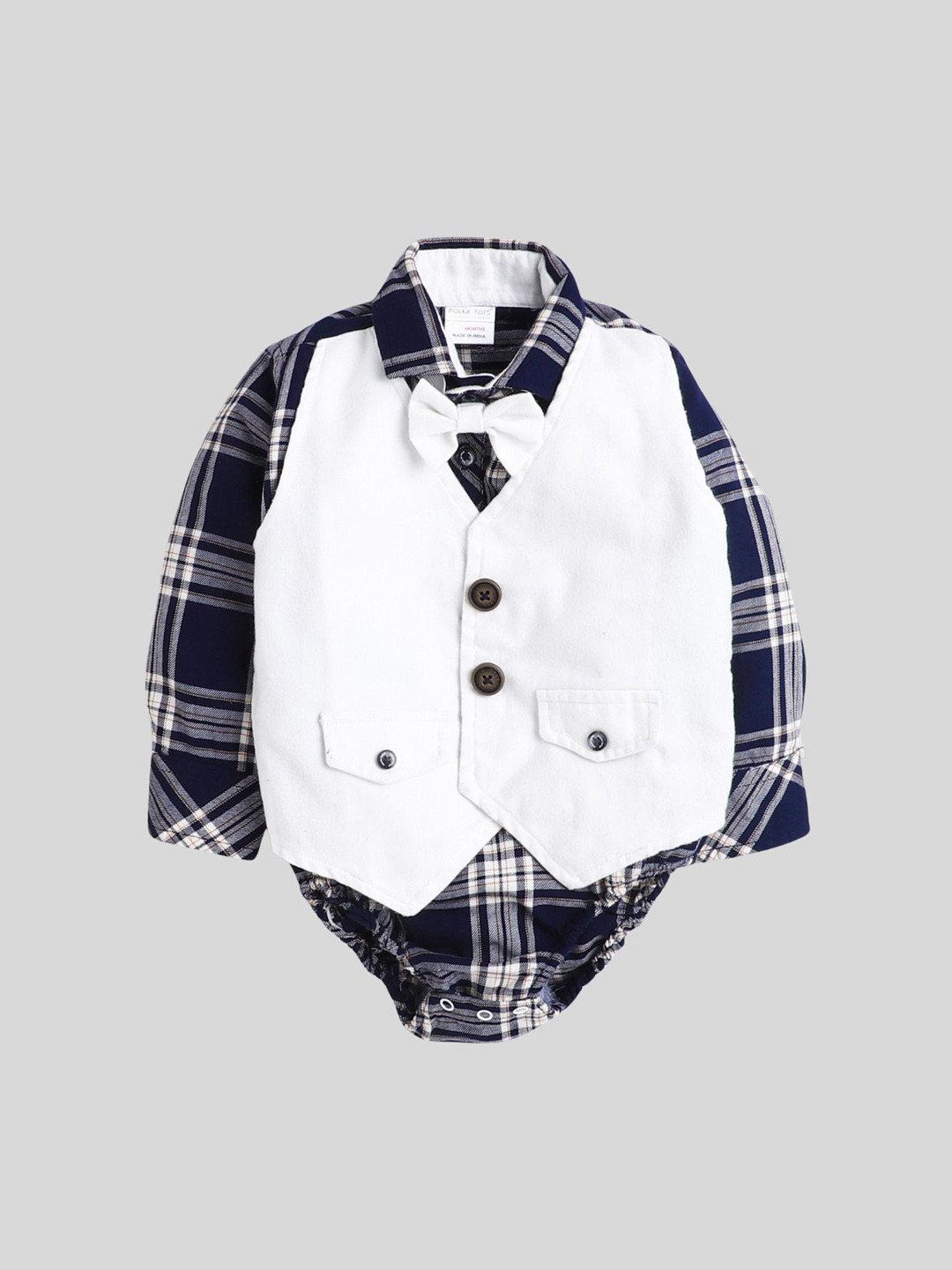 

Polka Tots Infants Checked Shirt Collar Cotton Bodysuit With Attached Waistcoat & Bow, Navy blue
