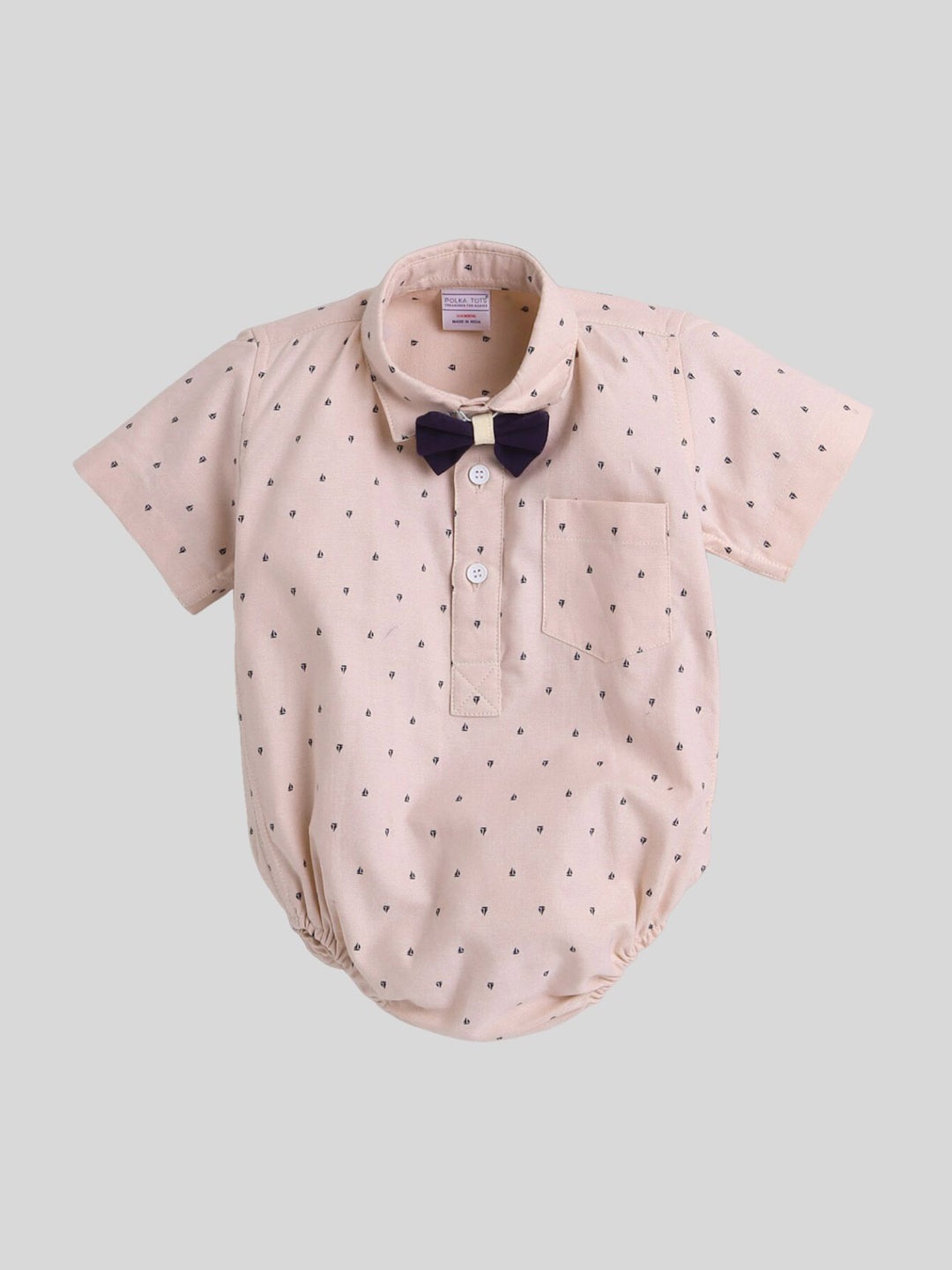 

Polka Tots Infants Printed Shirt Collar Cotton Bodysuit With Attached Bow, Peach