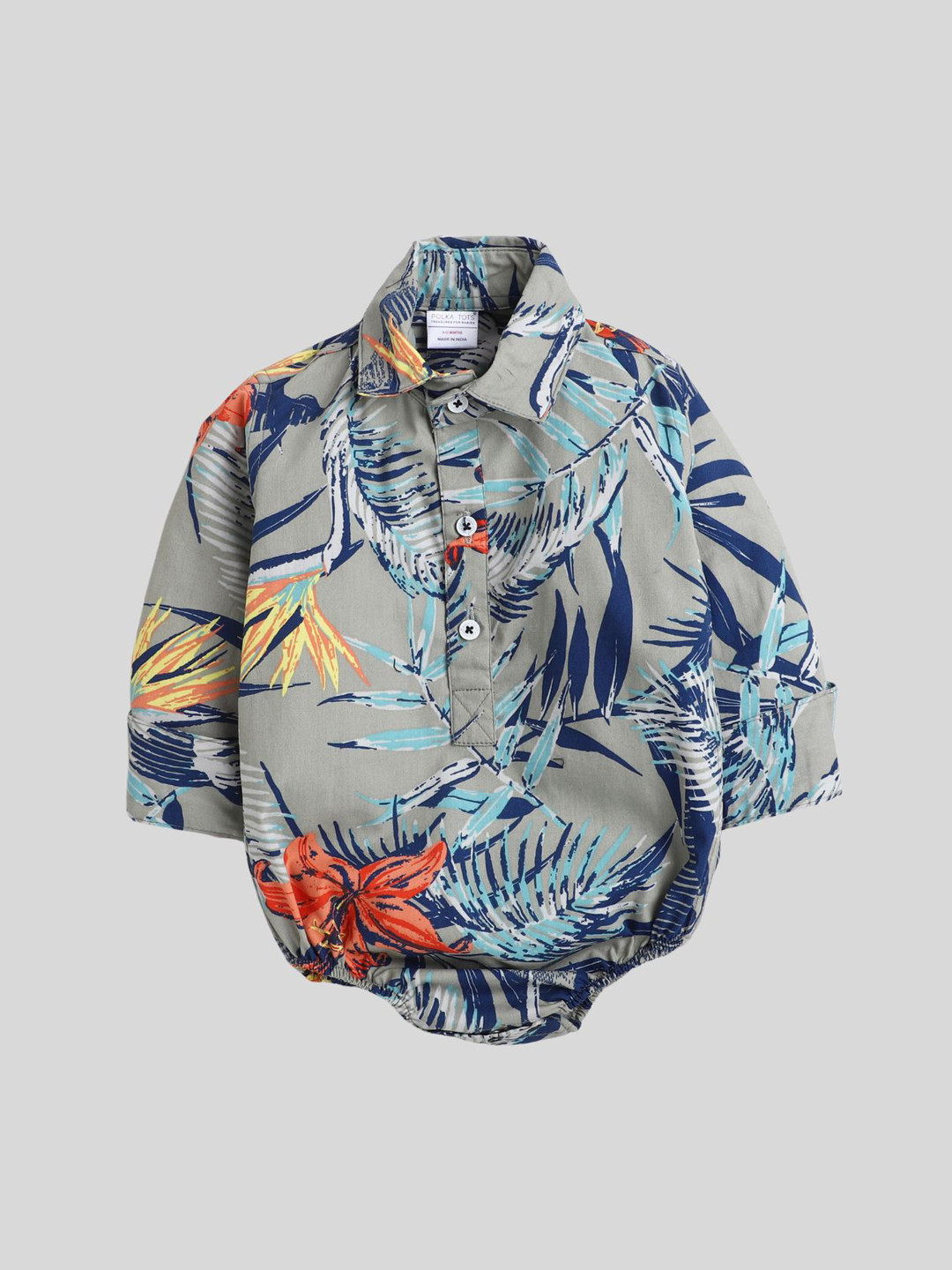 

Polka Tots Infants Printed Shirt Collar Cotton Bodysuit With Attached Bow, Grey