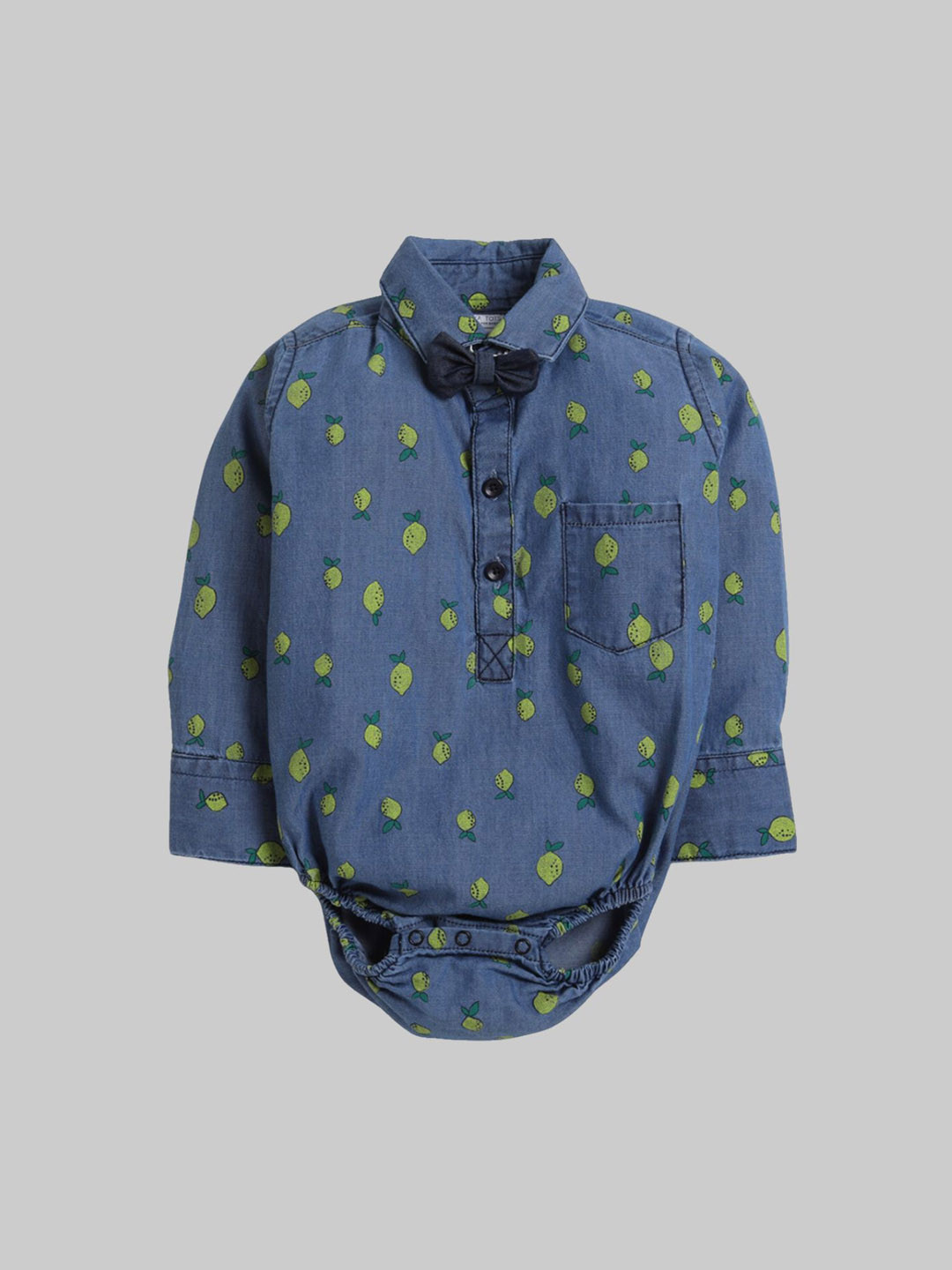 

Polka Tots Infants Printed Shirt Collar Cotton Bodysuit With Attached Bow, Blue