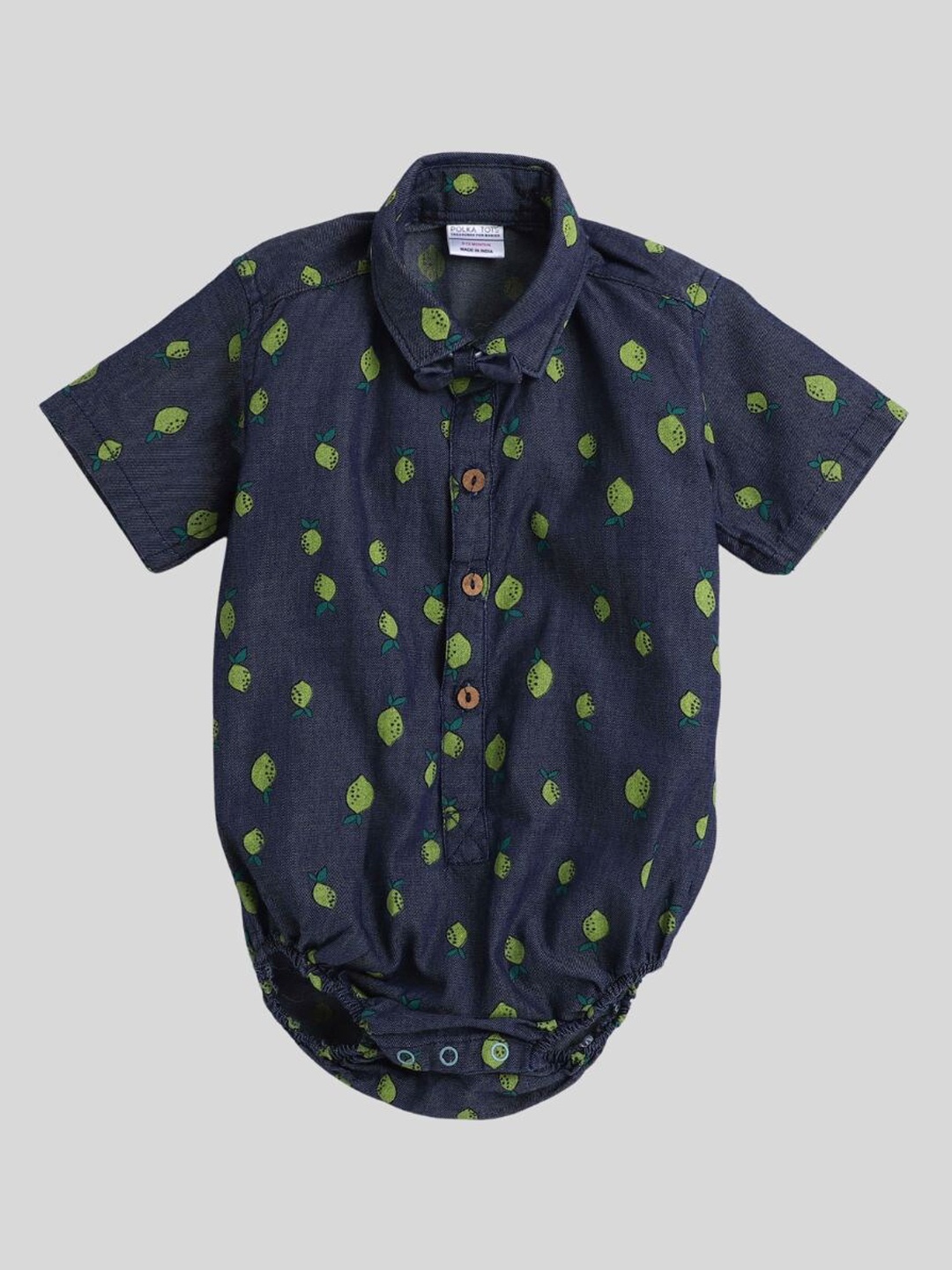 

Polka Tots Infants Printed Shirt Collar Cotton Bodysuit With Attached Bow, Blue