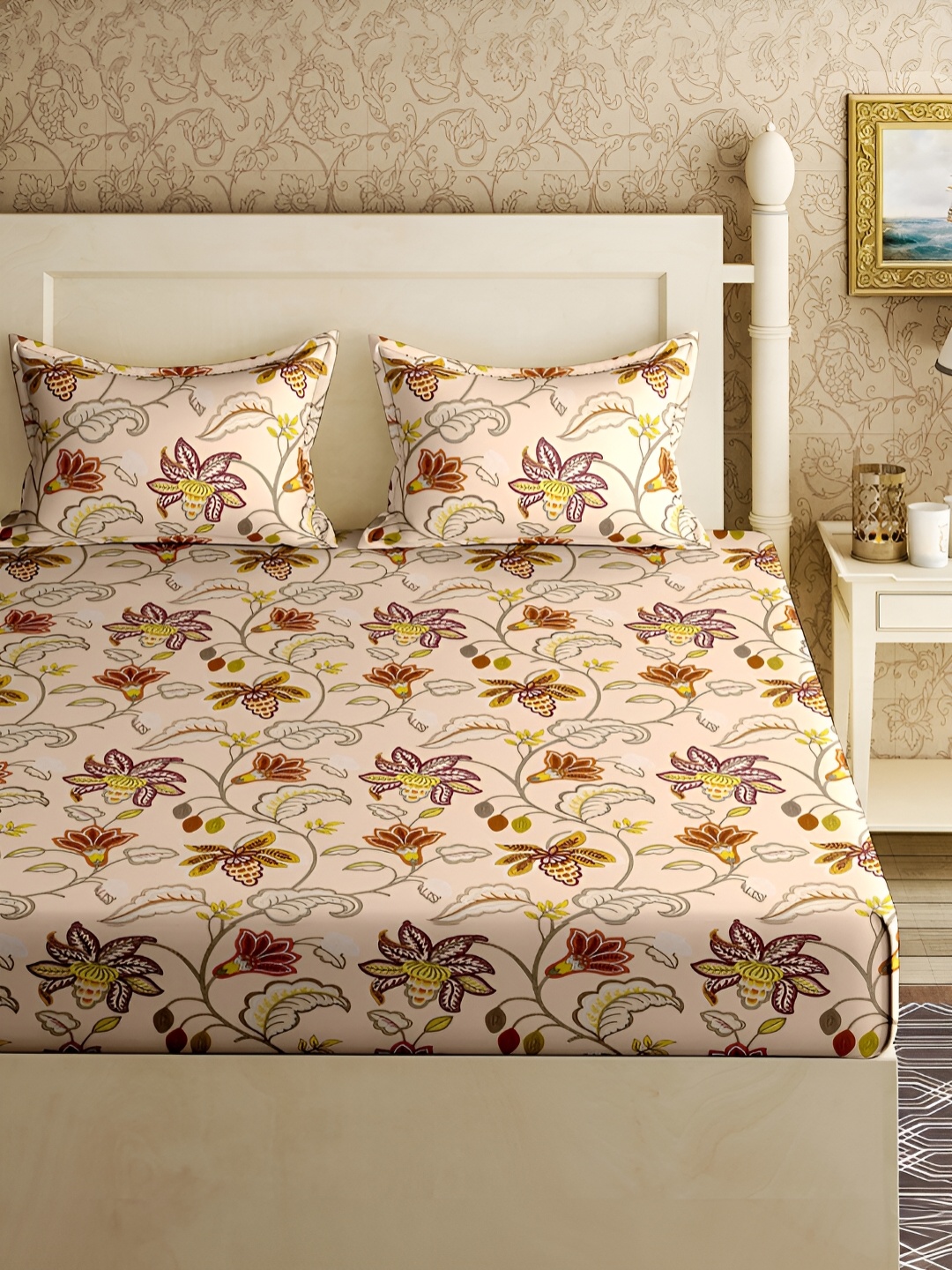 

Aura Beige & Yellow Floral 150 TC Pure Cotton Queen Bedsheet with 2 Pillow Covers