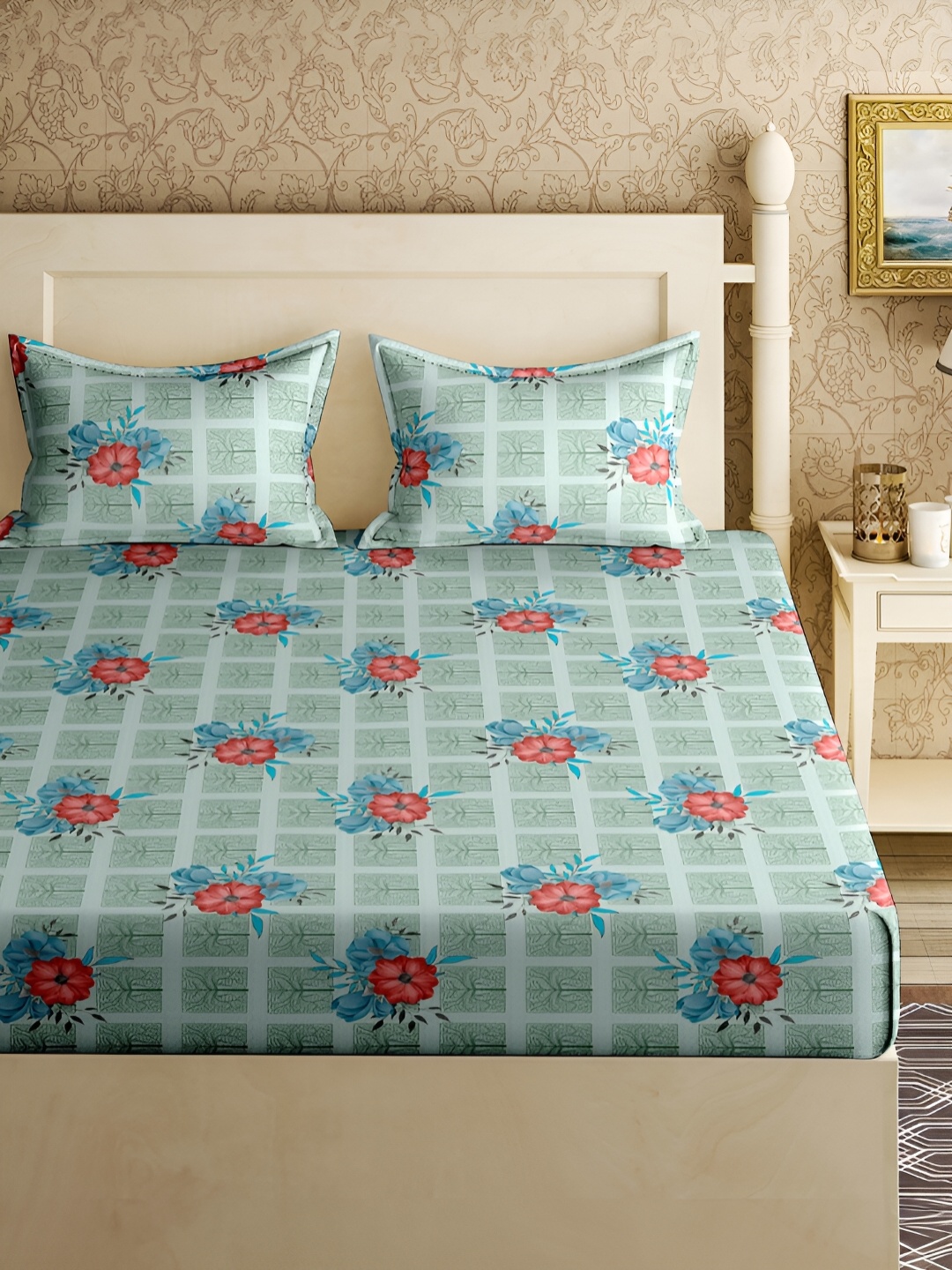 

Aura Green & Rust Floral 150 TC Cotton Queen Bedsheet With 2 Pillow Covers
