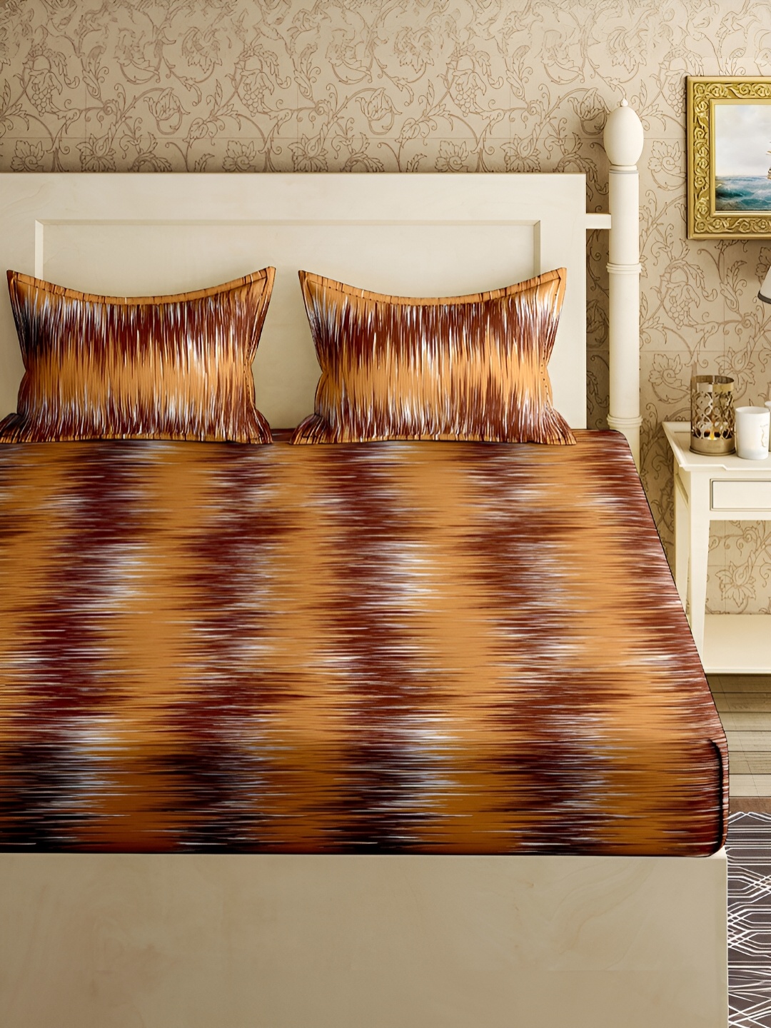 

Aura Brown & Orange Printed 150 TC Queen Bedsheet with 2 Pillow Covers