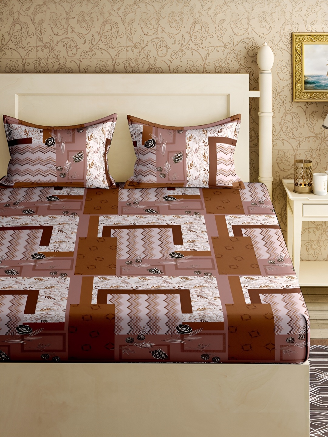 

Aura Brown & White Ethnic Motifs 150 TC Cotton Queen Bedsheet With 2 Pillow Covers