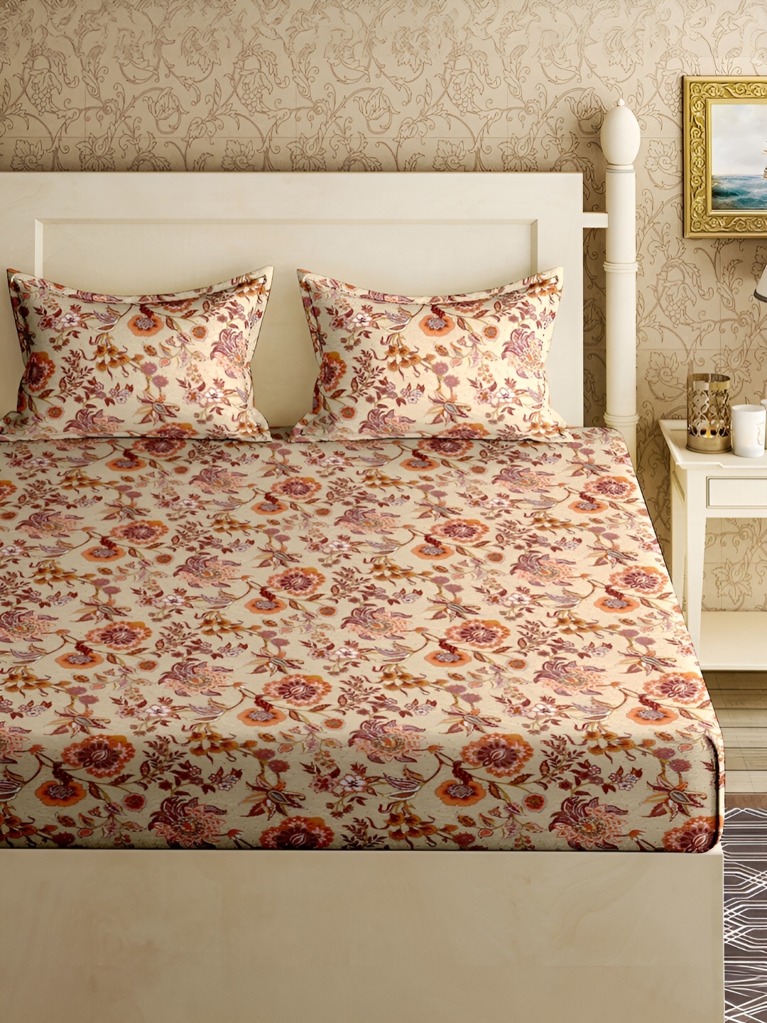 

Aura Brown & Off White Floral 150 TC Cotton Queen Bedsheet With 2 Pillow Covers