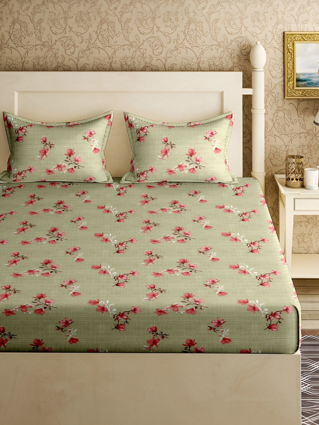

Aura Green & Pink Floral 150 TC Cotton Queen Bedsheet With 2 Pillow Covers
