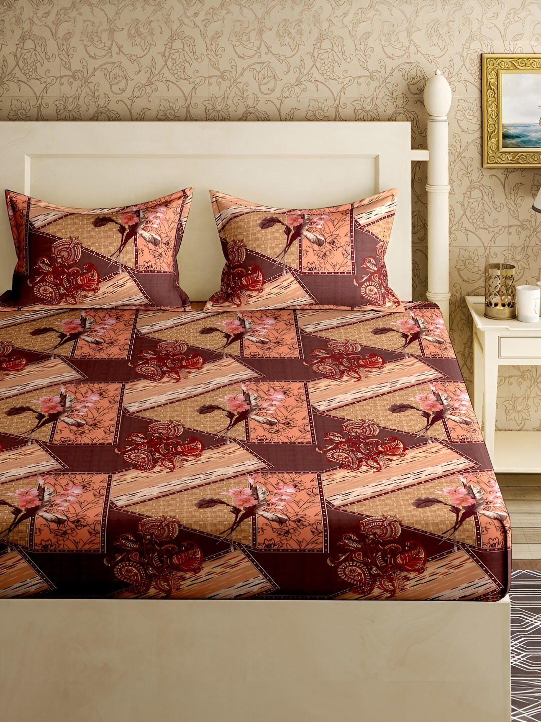 

Aura Brown & Pink Ethnic Motifs 150 TC Cotton Queen Bedsheet With 2 Pillow Covers