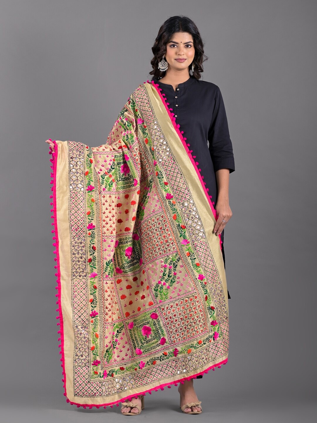 

Apratim Floral Embroidered Chanderi Dupatta with Thread Work, Gold