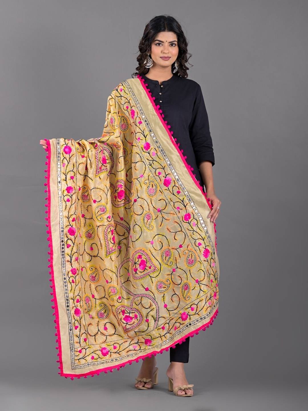 

Apratim Floral Embroidered Chanderi Dupatta with Thread Work, Gold