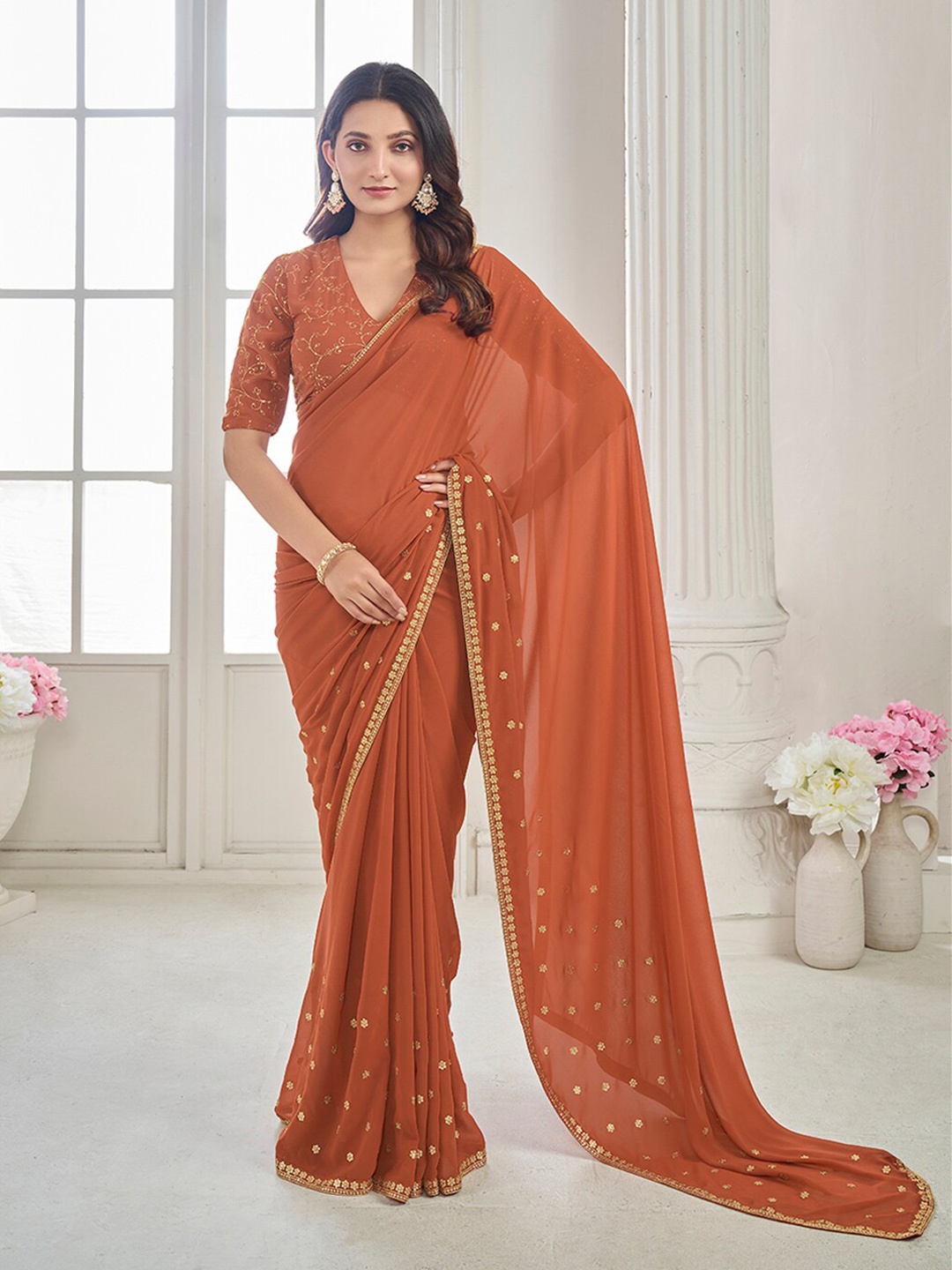 

Inddus Sequinned Saree, Rust