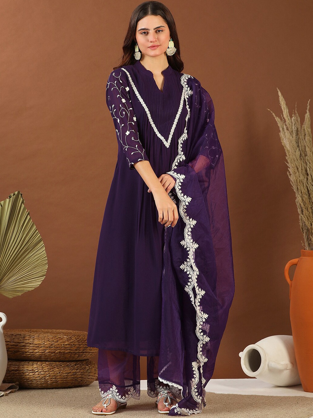 

Inddus Mandarin Collar Kurta With Palazzos & Dupatta, Purple