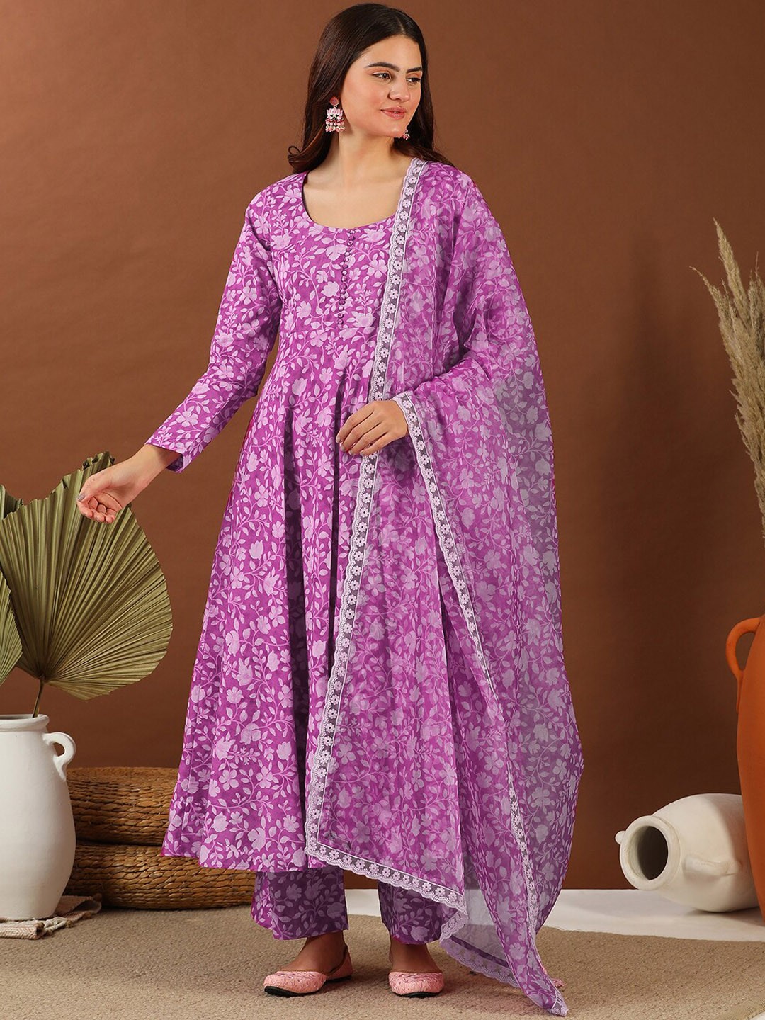 

Inddus Floral Printed Anarkali Kurta With Trouser & Dupatta, Purple