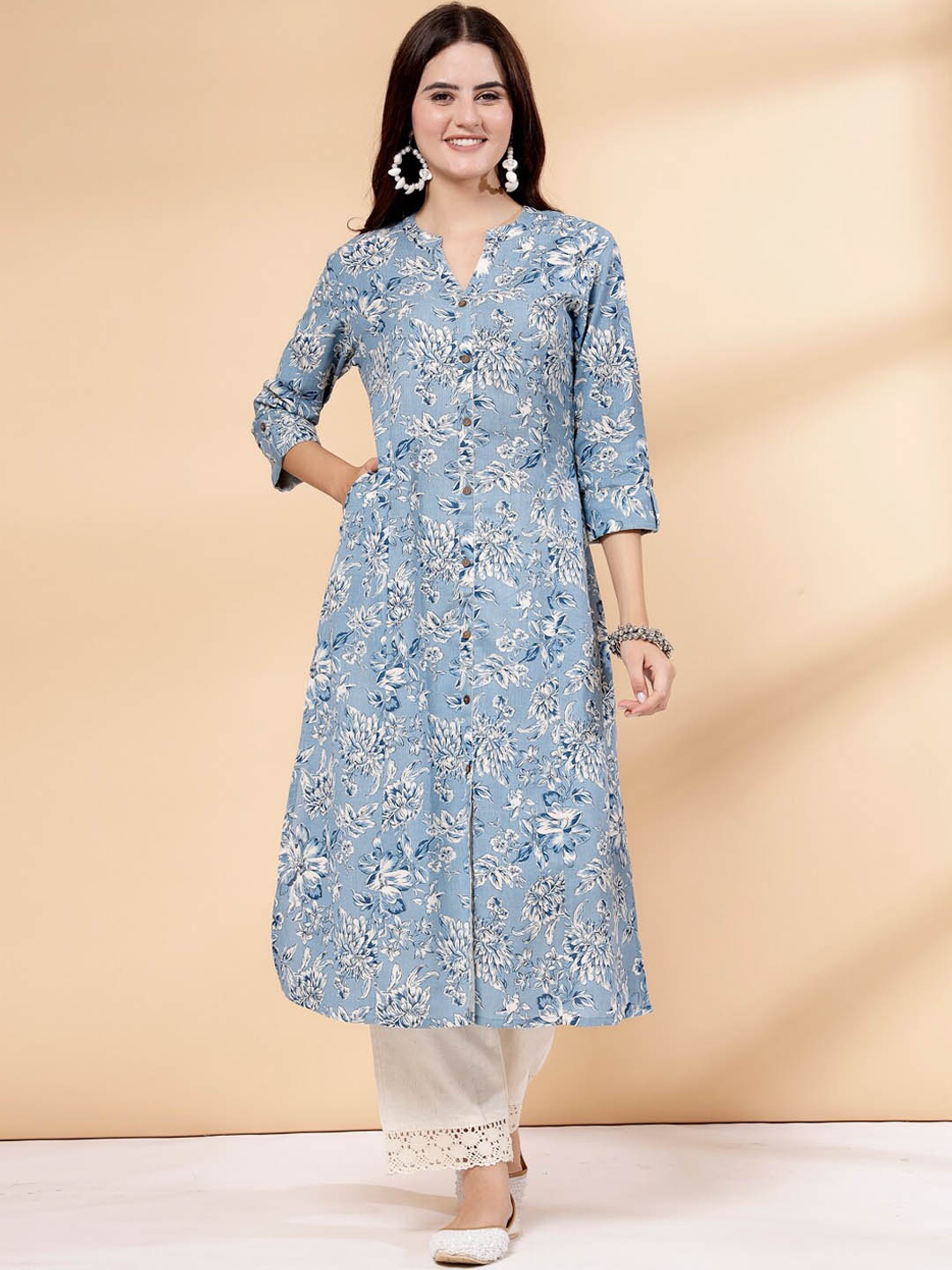 

Pistaa Ethnic Motifs Printed Mandarin Collar Cotton A-Line Kurta, Blue