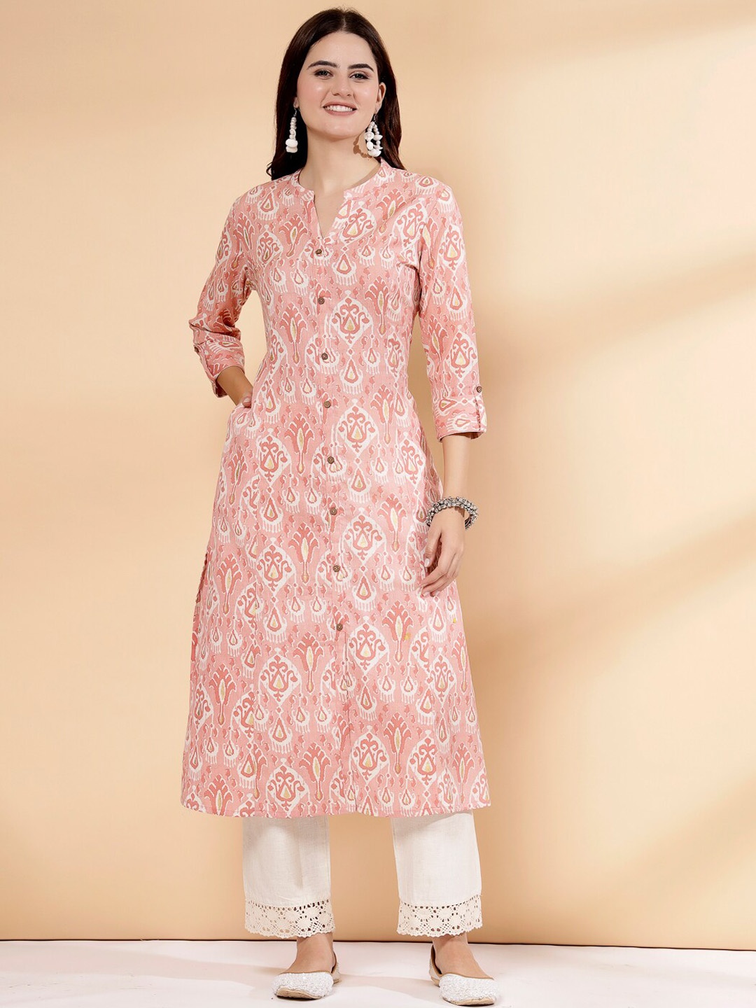 

Pistaa Ethnic Motifs Printed Mandarin Collar Cotton A-Line Kurta, Peach