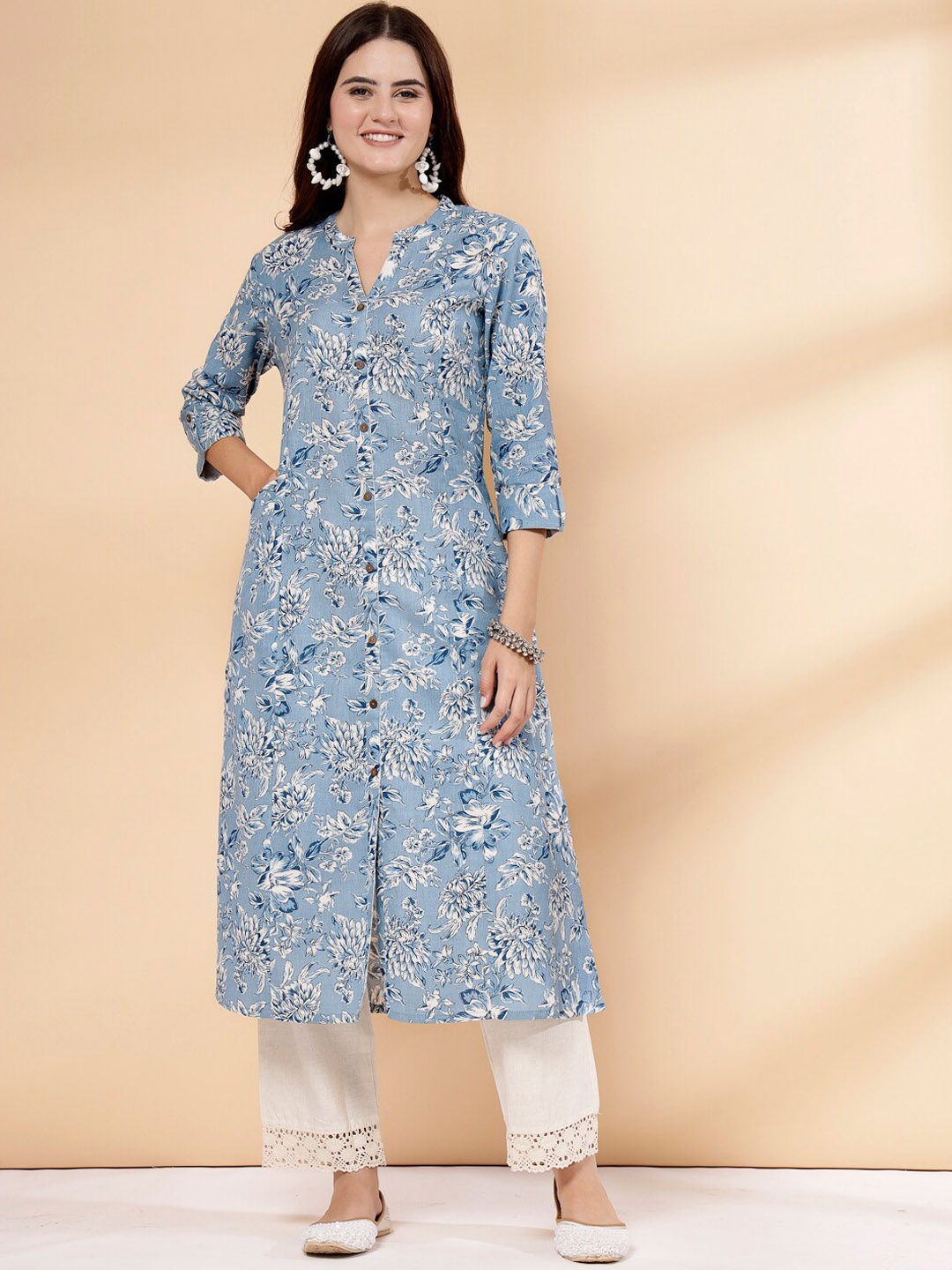 

Pistaa Ethnic Motifs Printed Mandarin Collar A-Line Kurta, Blue