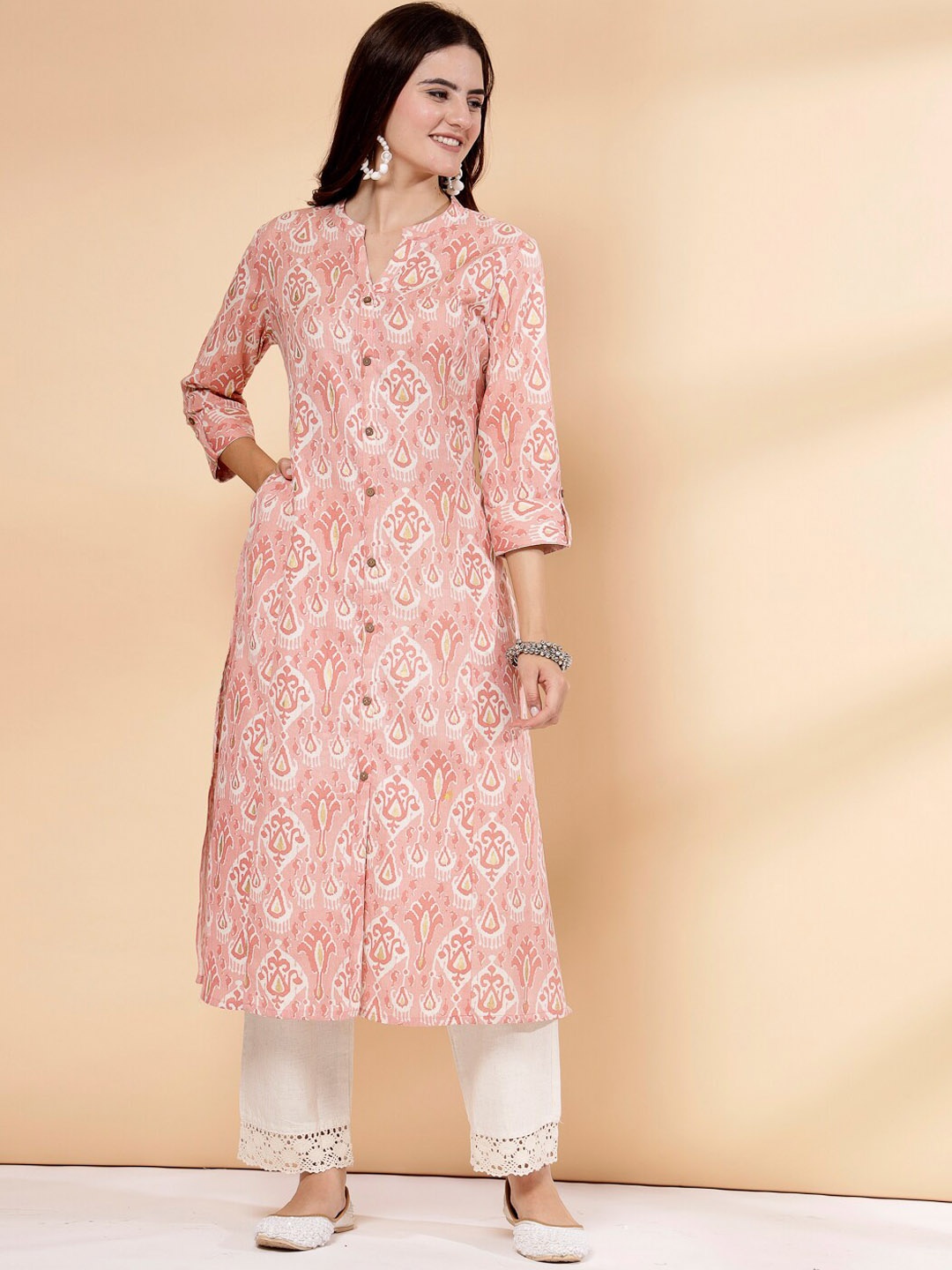 

Pistaa Ethnic Motifs Printed Mandarin Collar Cotton A-Line Kurta, Peach