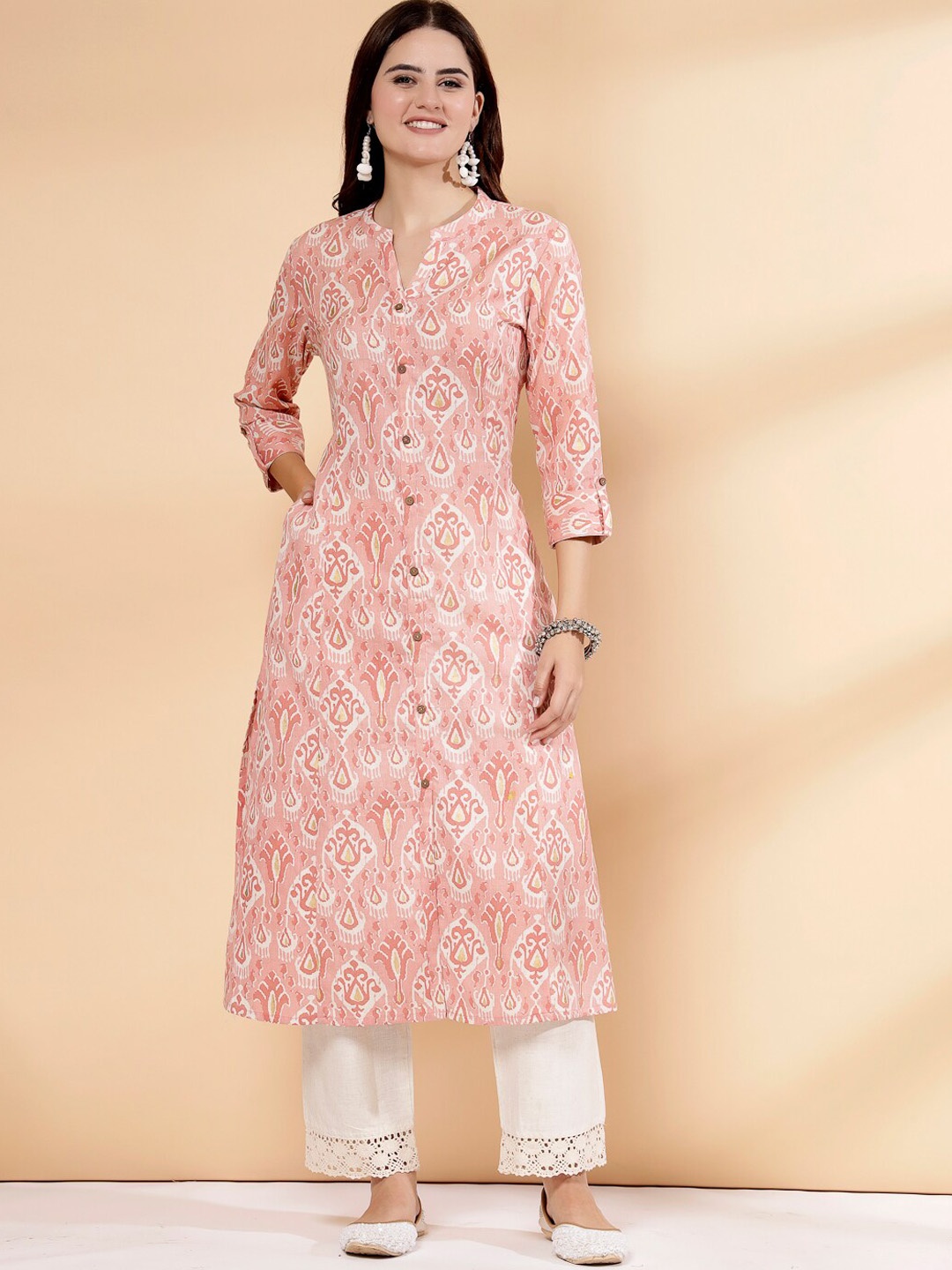 

Pistaa Ethnic Motifs Printed Mandarin Collar Cotton A-Line Kurta, Peach