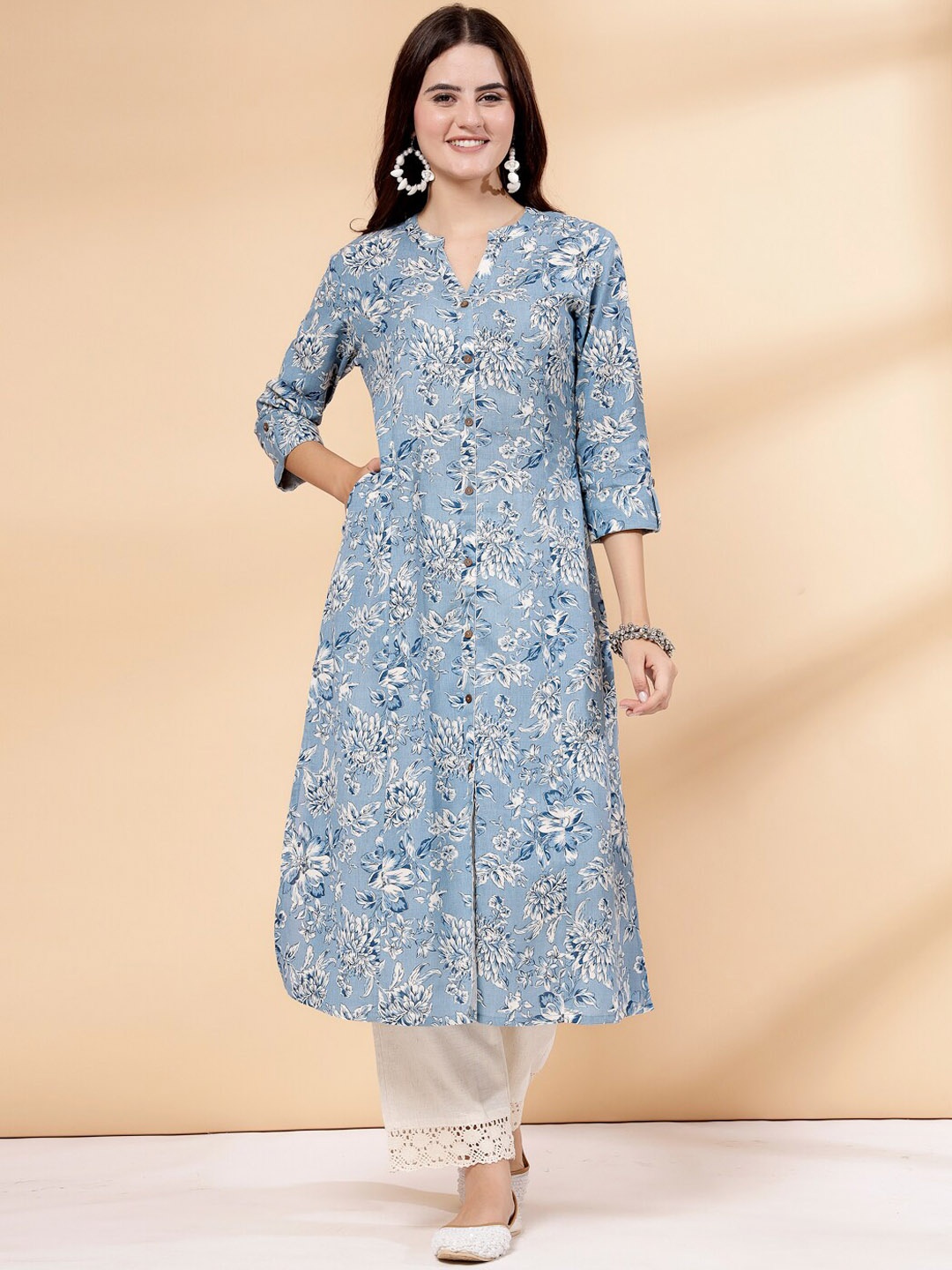 

Pistaa Ethnic Motifs Printed Mandarin Collar Cotton A-Line Kurta, Blue