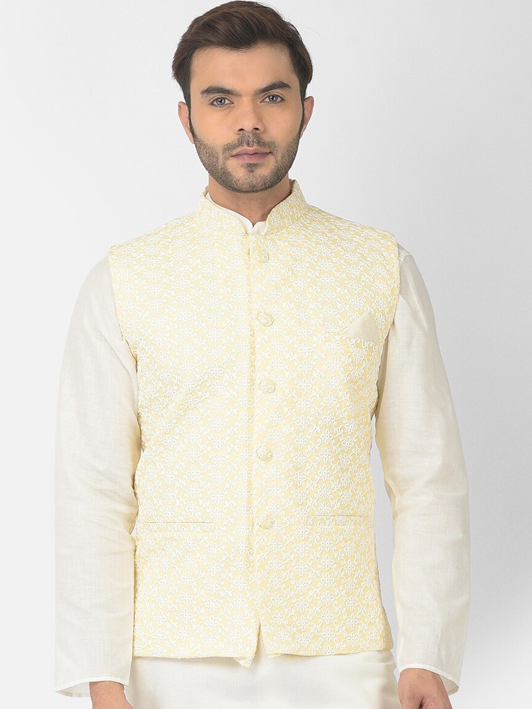 

DEYANN Embroidered Pure Cotton Nehru Jacket, Yellow