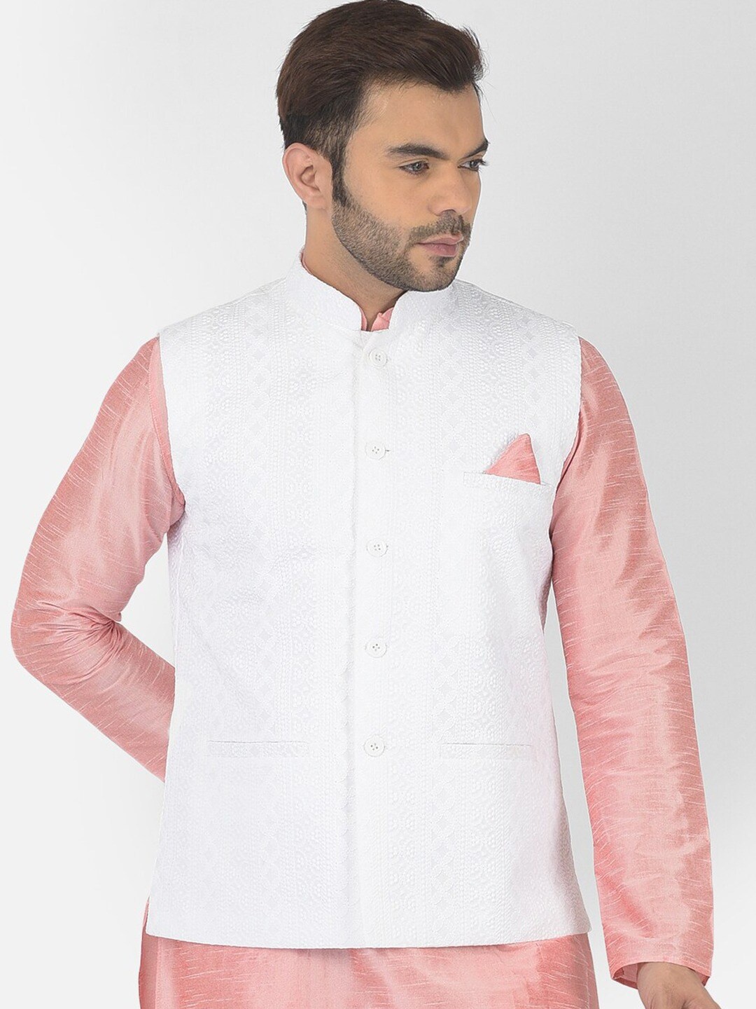 

DEYANN Embroidered Pure Cotton Nehru Jacket, White