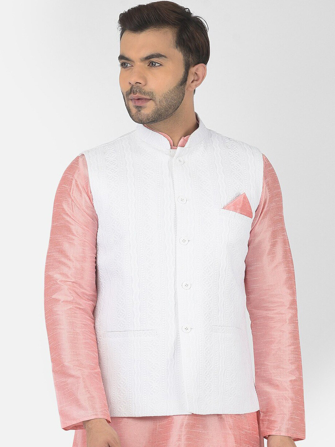 

DEYANN Chikankari Embroidered Pure Cotton Nehru Jacket, White
