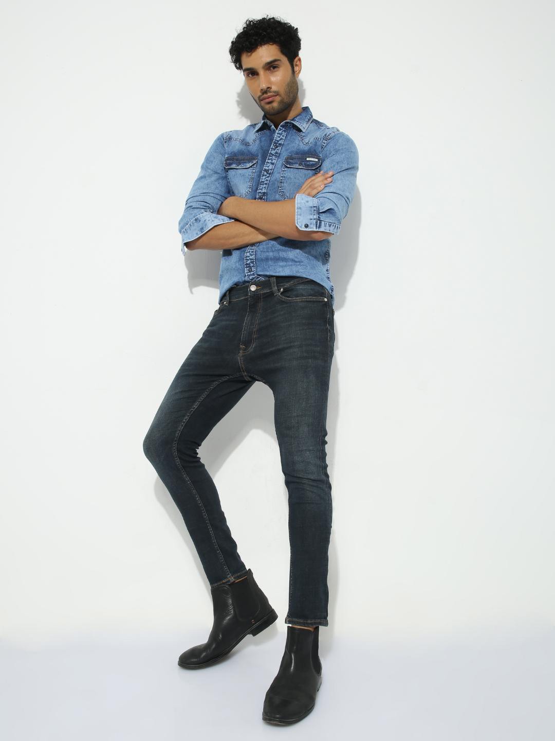 

FLY 69 Spread Collar Long Sleeves Premium Slim Fit Denim Casual Shirt, Blue