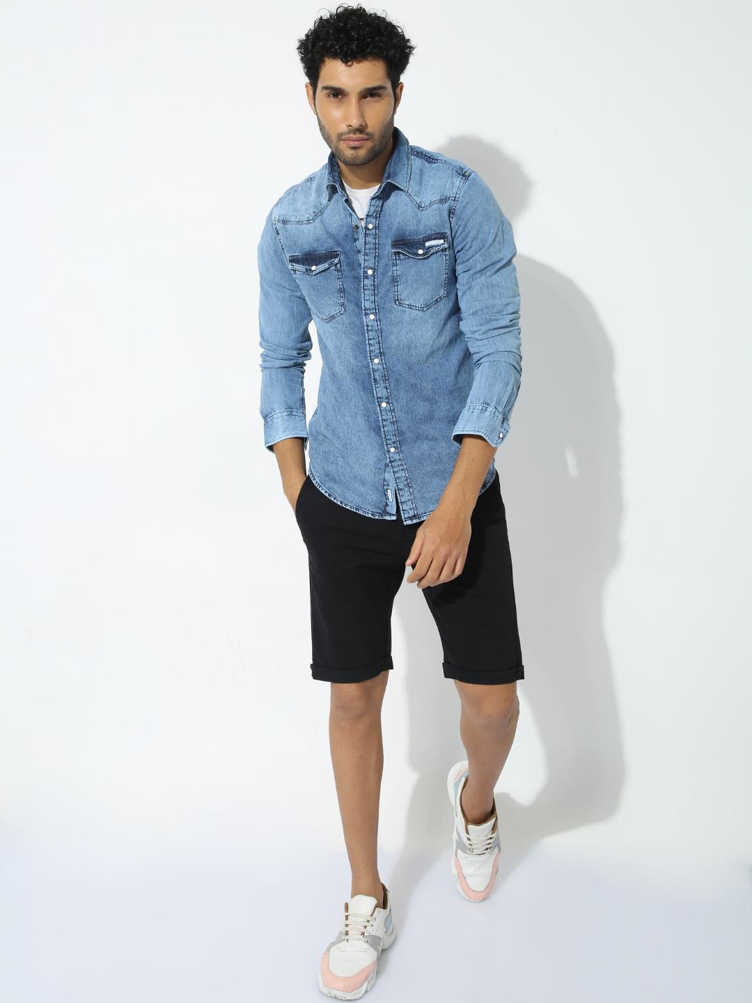 

FLY 69 Spread Collar Long Sleeves Premium Slim Fit Denim Casual Shirt, Blue