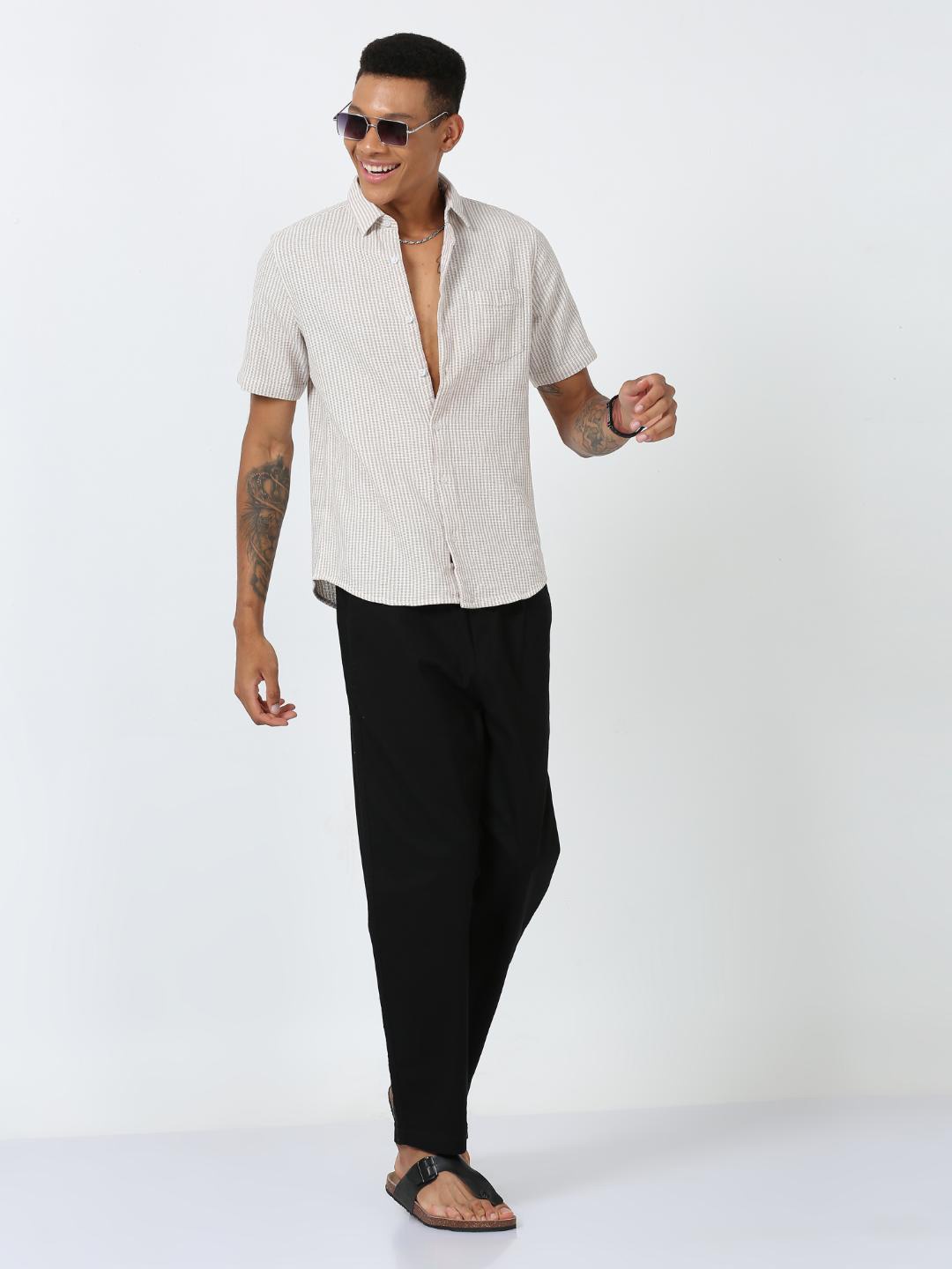 

FLY 69 Spread Collar Short Sleeves Premium Slim Fit Striped Casual Shirt, White