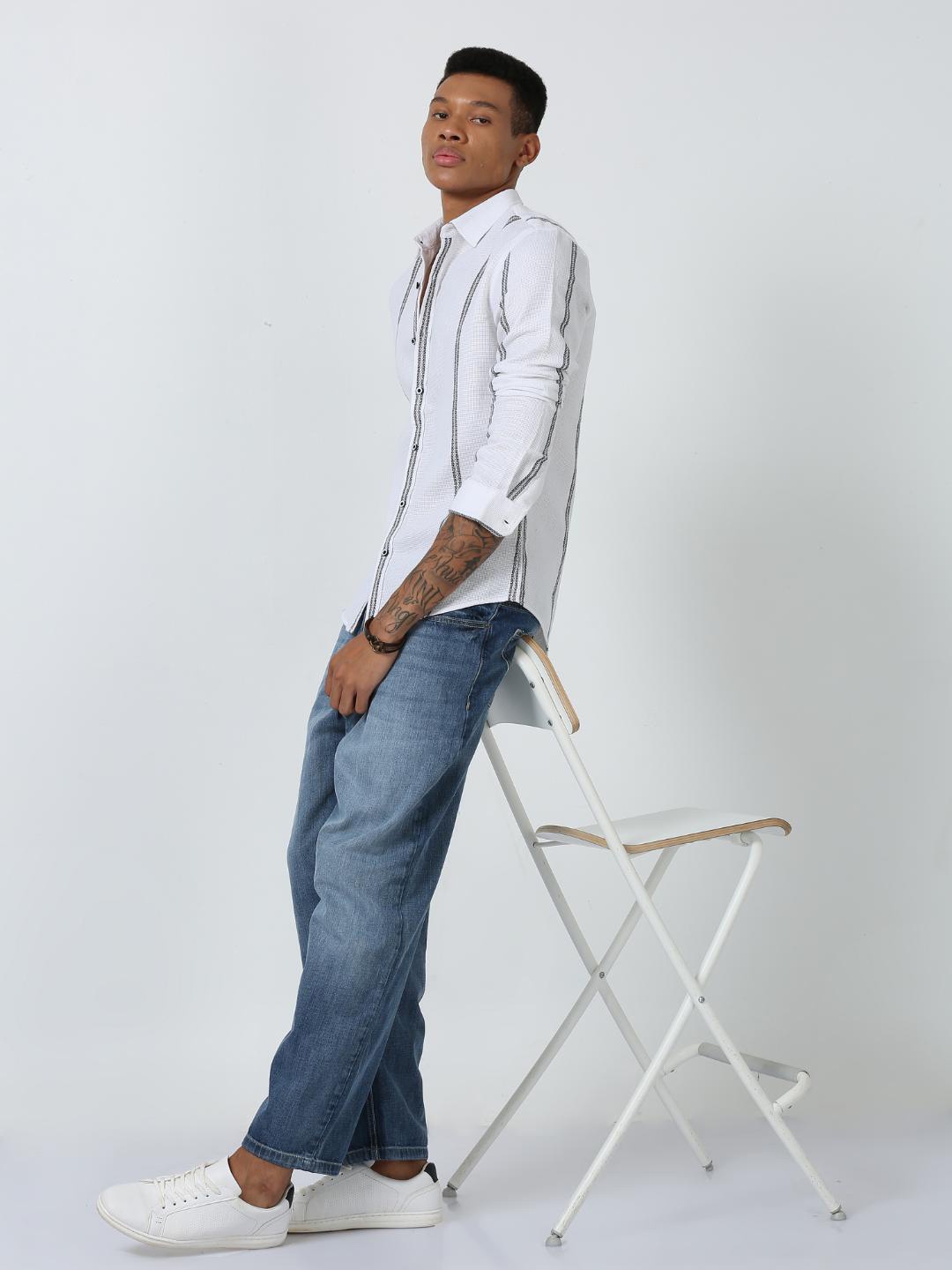 

FLY 69 Premium Slim Fit Striped Linen Casual Shirt, White